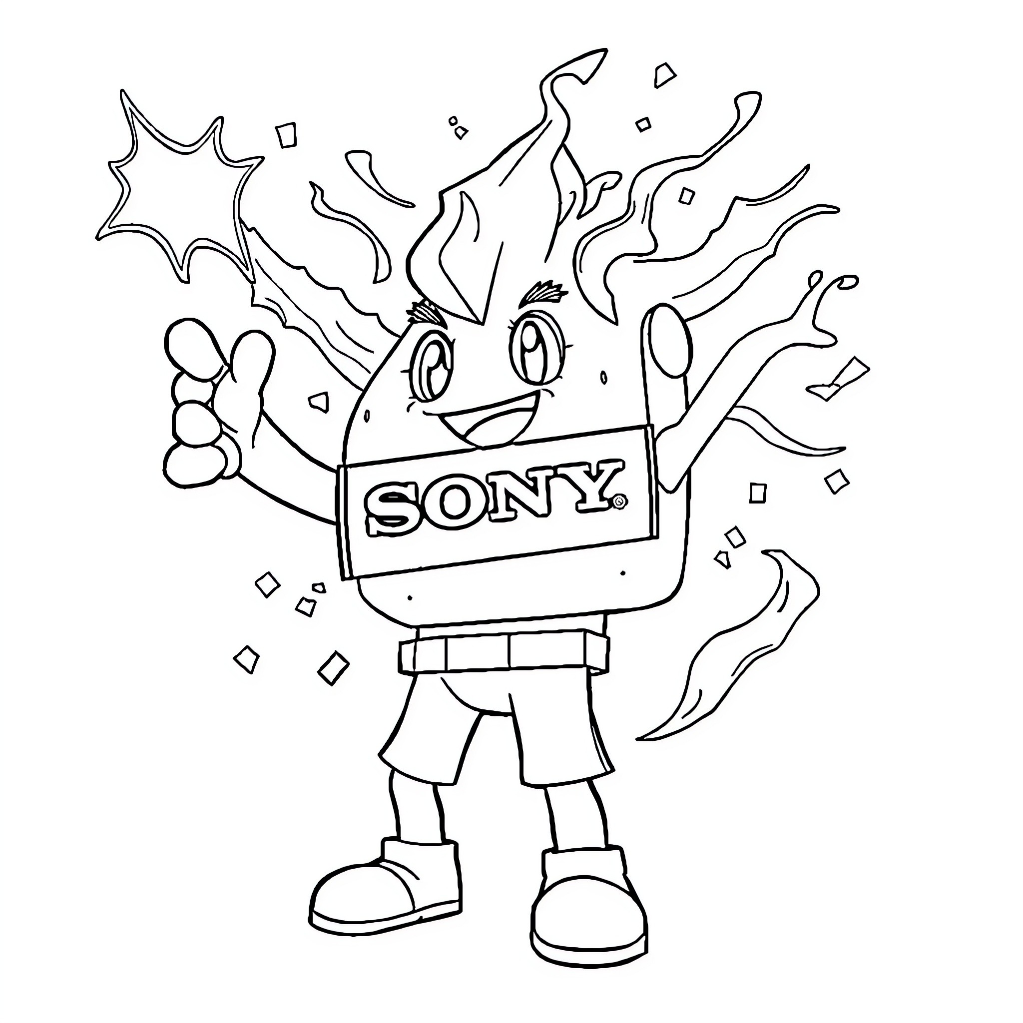 Sony Mascot Celebrates with Confetti and Excitement Coloring Page (free black-and-white line drawing printable PDF for all, from beginners to advanced learners, including children, teens, adults, and seniors)