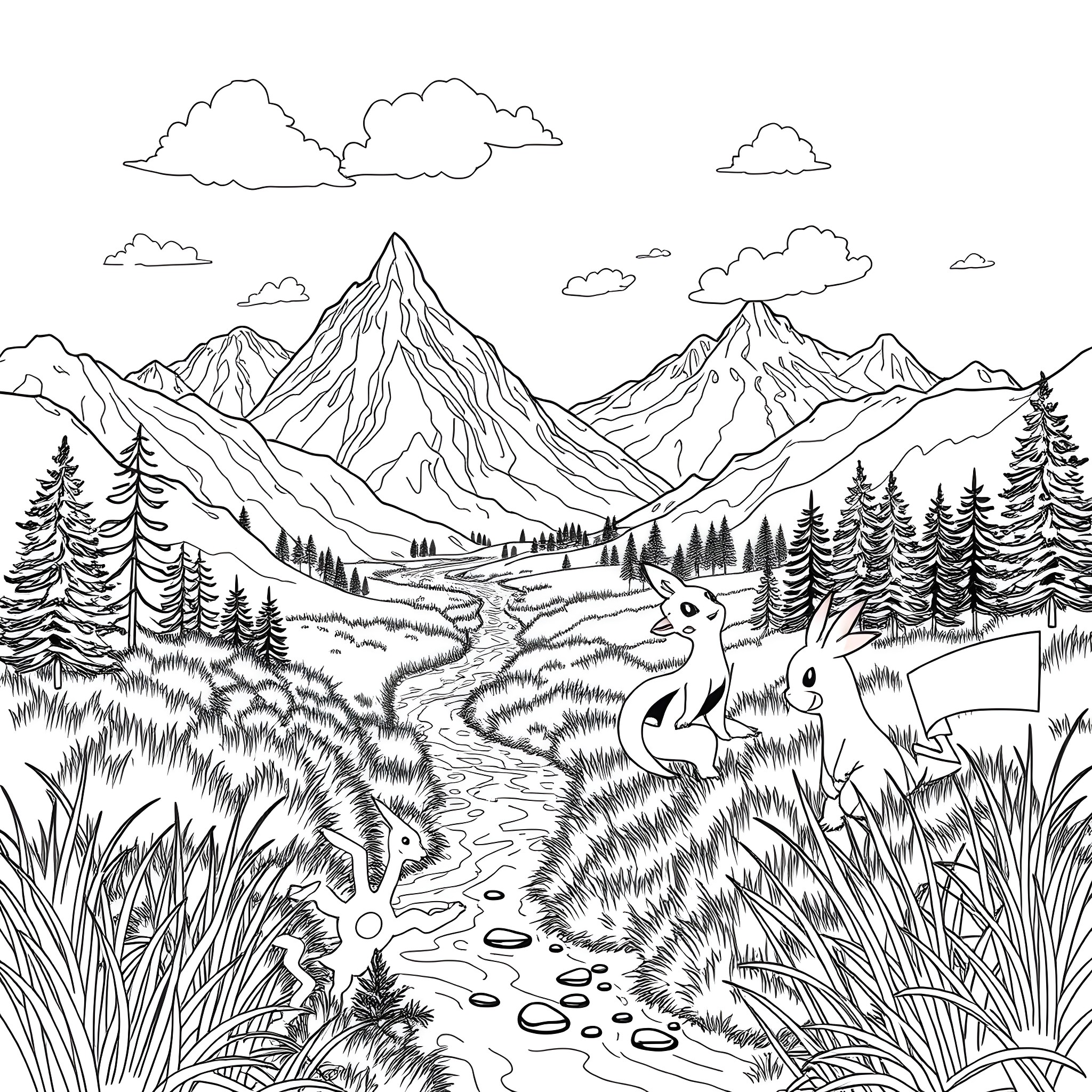Pokémon characters exploring the mountainous landscape Coloring Page (free black-and-white line drawing printable PDF for all, from beginners to advanced learners, including children, teens, adults, and seniors)