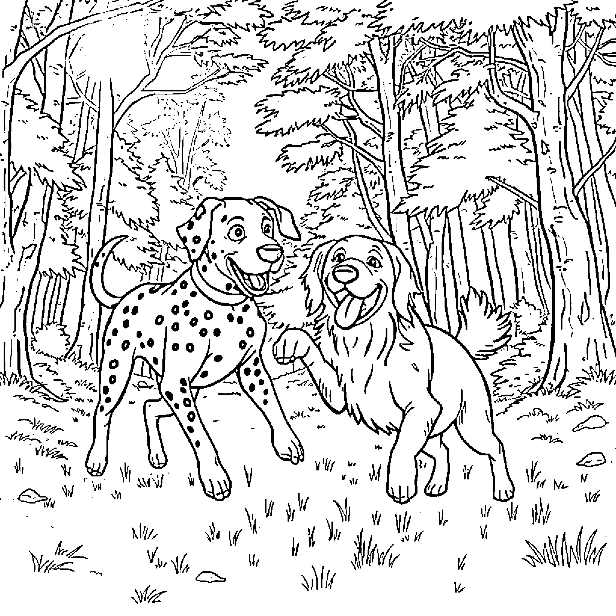 Dog friends exploring the forest together Coloring Page (free black-and-white line drawing printable PDF for all, from beginners to advanced learners, including children, teens, adults, and seniors)