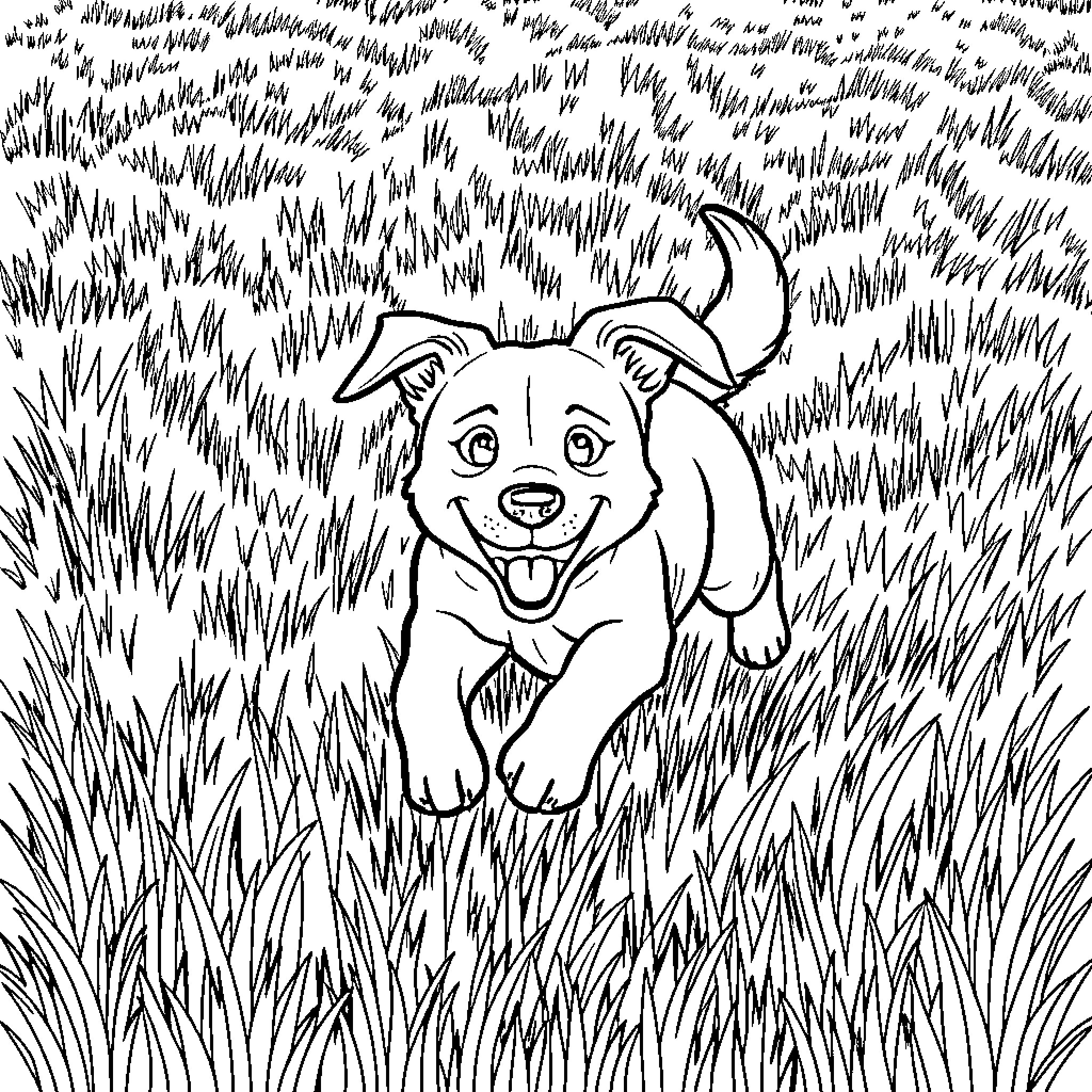 Dog happily playing in the tall grass Coloring Page (free black-and-white line drawing printable PDF for all, from beginners to advanced learners, including children, teens, adults, and seniors)