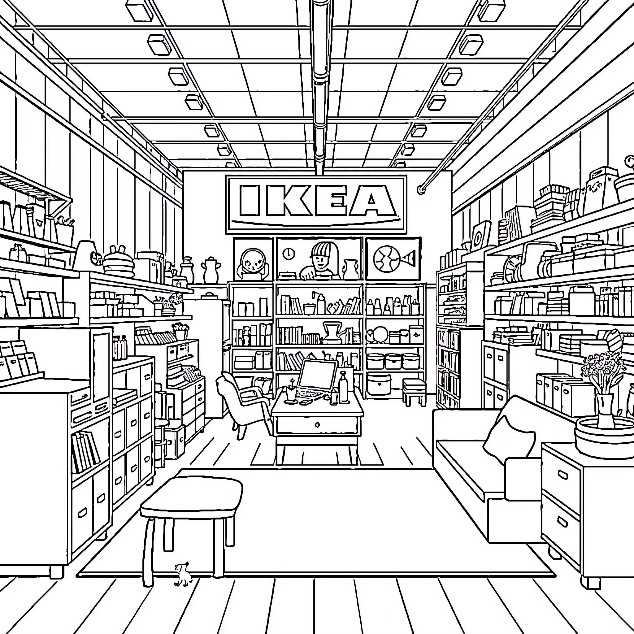 Ikea store interior with various furniture and decor Coloring Page (free black-and-white line drawing printable PDF for all, from beginners to advanced learners, including children, teens, adults, and seniors)