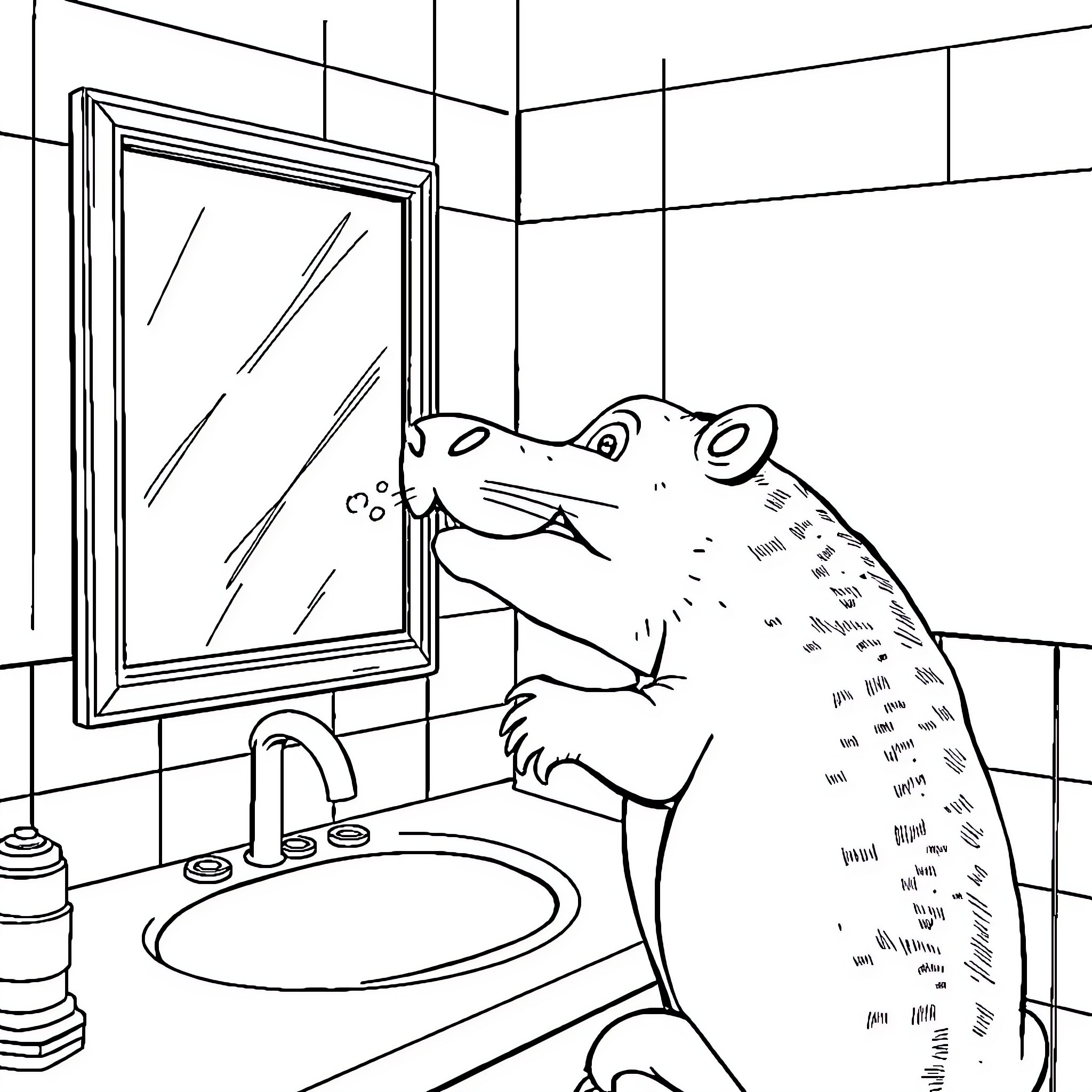 Bull Frog Admiring Itself in the Mirror Coloring Page (free black-and-white line drawing printable PDF for all, from beginners to advanced learners, including children, teens, adults, and seniors)
