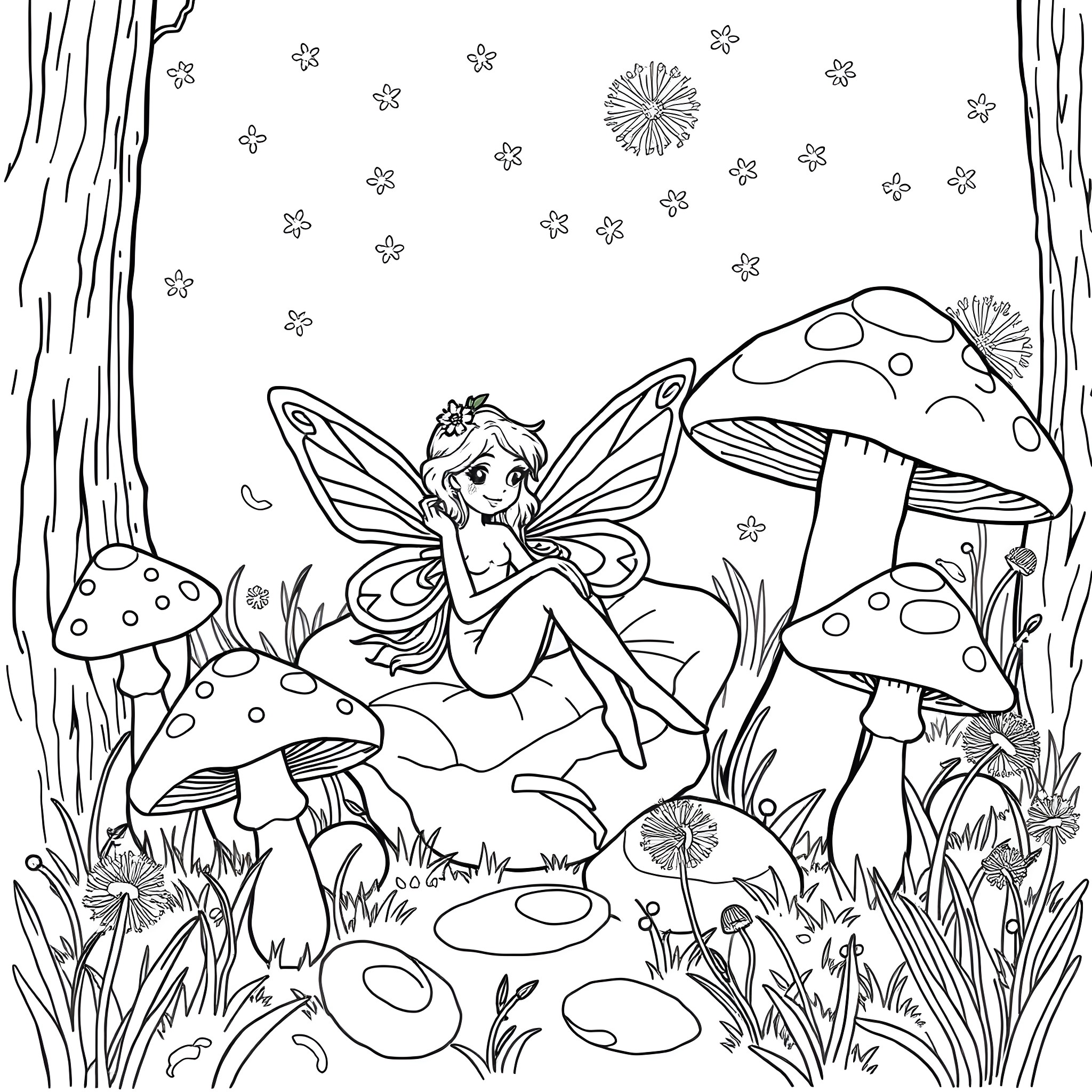 Mushroom fairy resting in the enchanted forest Coloring Page (free black-and-white line drawing printable PDF for all, from beginners to advanced learners, including children, teens, adults, and seniors)