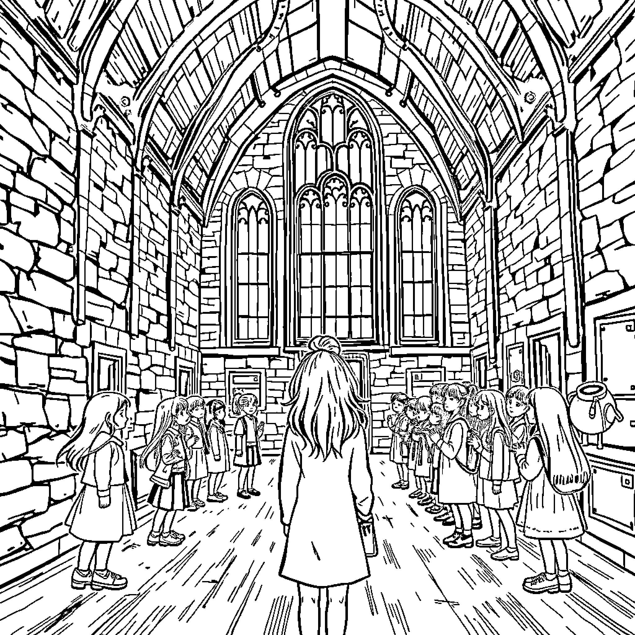 School Hallway Filled with Students Coloring Page (free black-and-white line drawing printable PDF for all, from beginners to advanced learners, including children, teens, adults, and seniors)