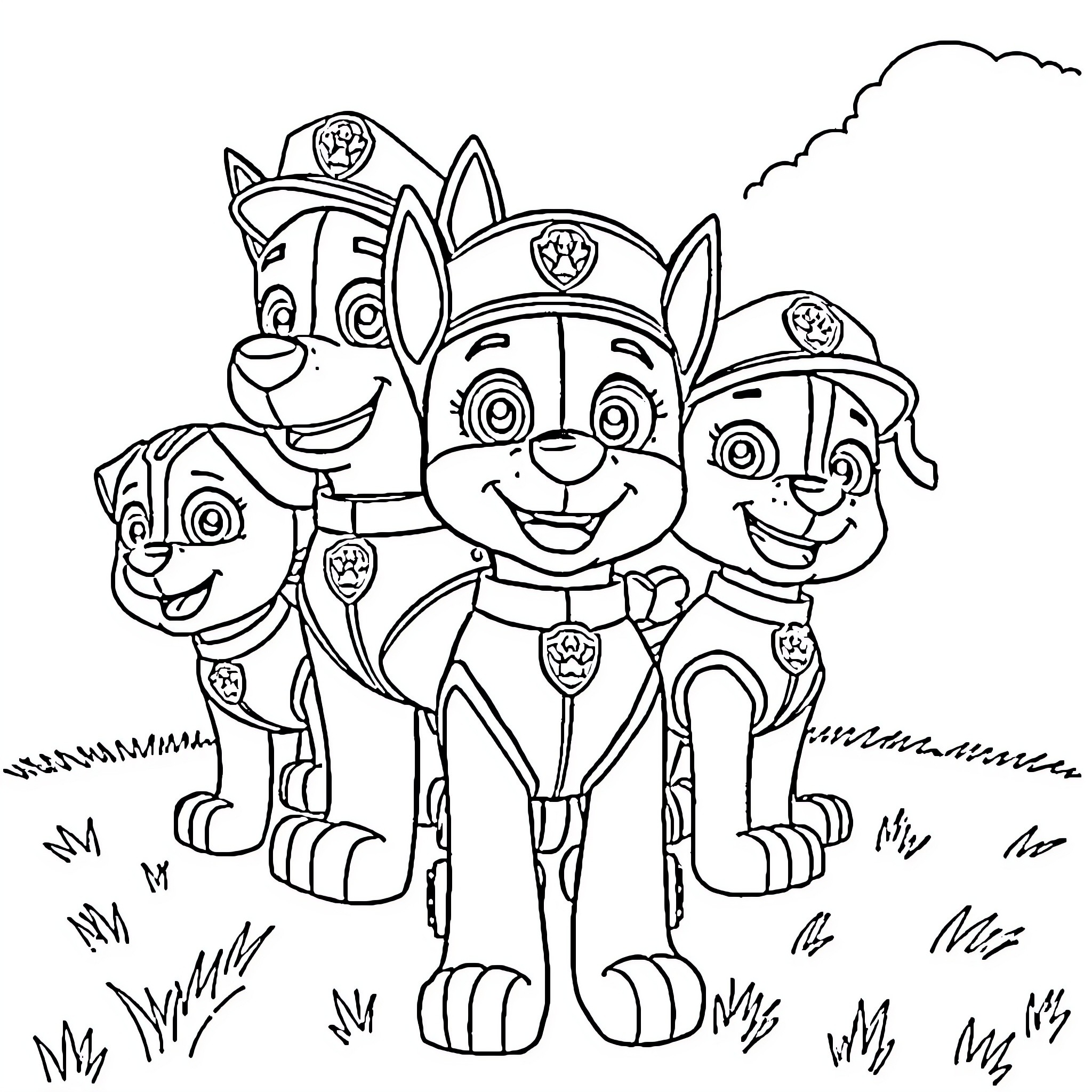 Paw Patrol friends in action poses Coloring Page (free black-and-white line drawing printable PDF for all, from beginners to advanced learners, including children, teens, adults, and seniors)