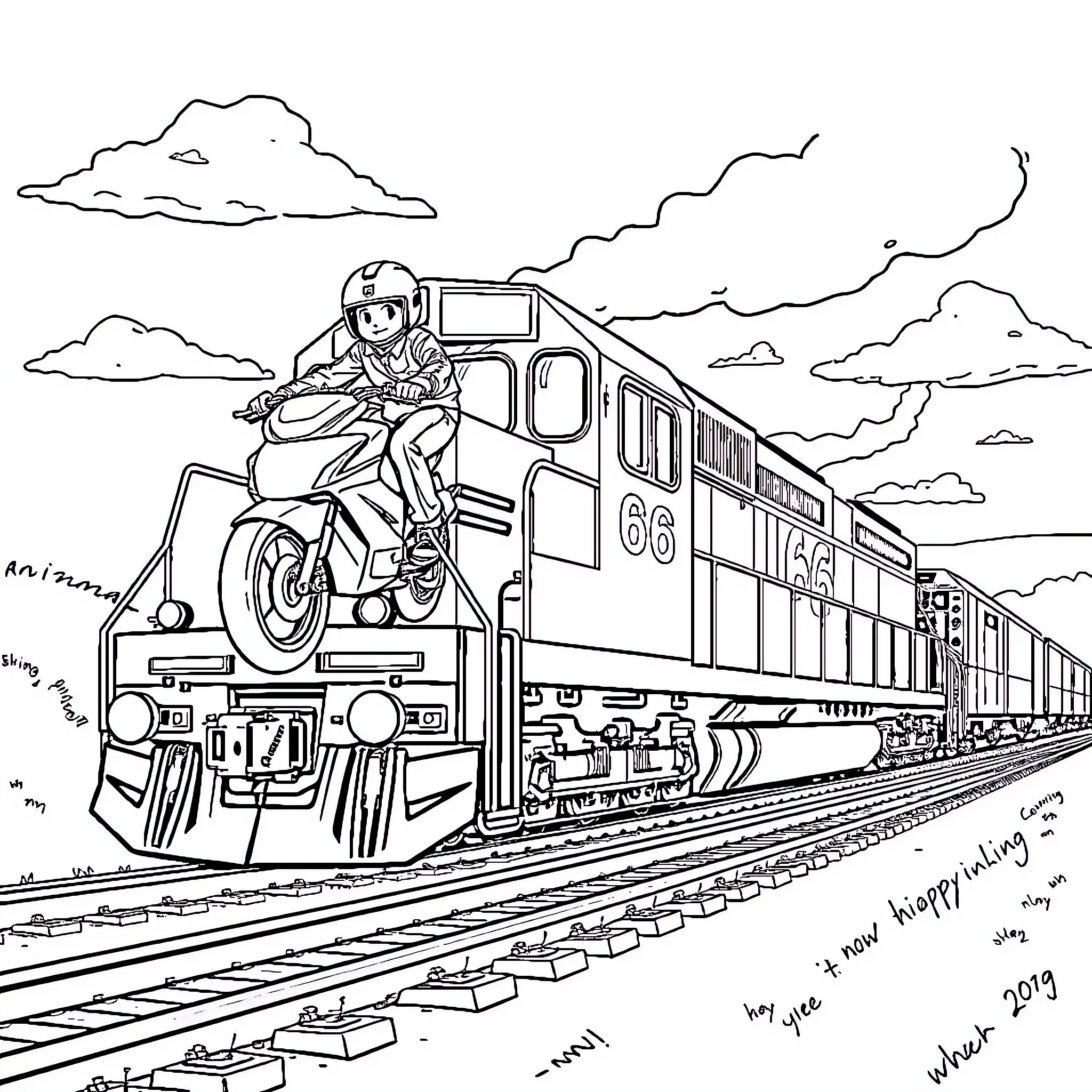 Boy riding motorcycle on top of moving train Coloring Page (free black-and-white line drawing printable PDF for all, from beginners to advanced learners, including children, teens, adults, and seniors)
