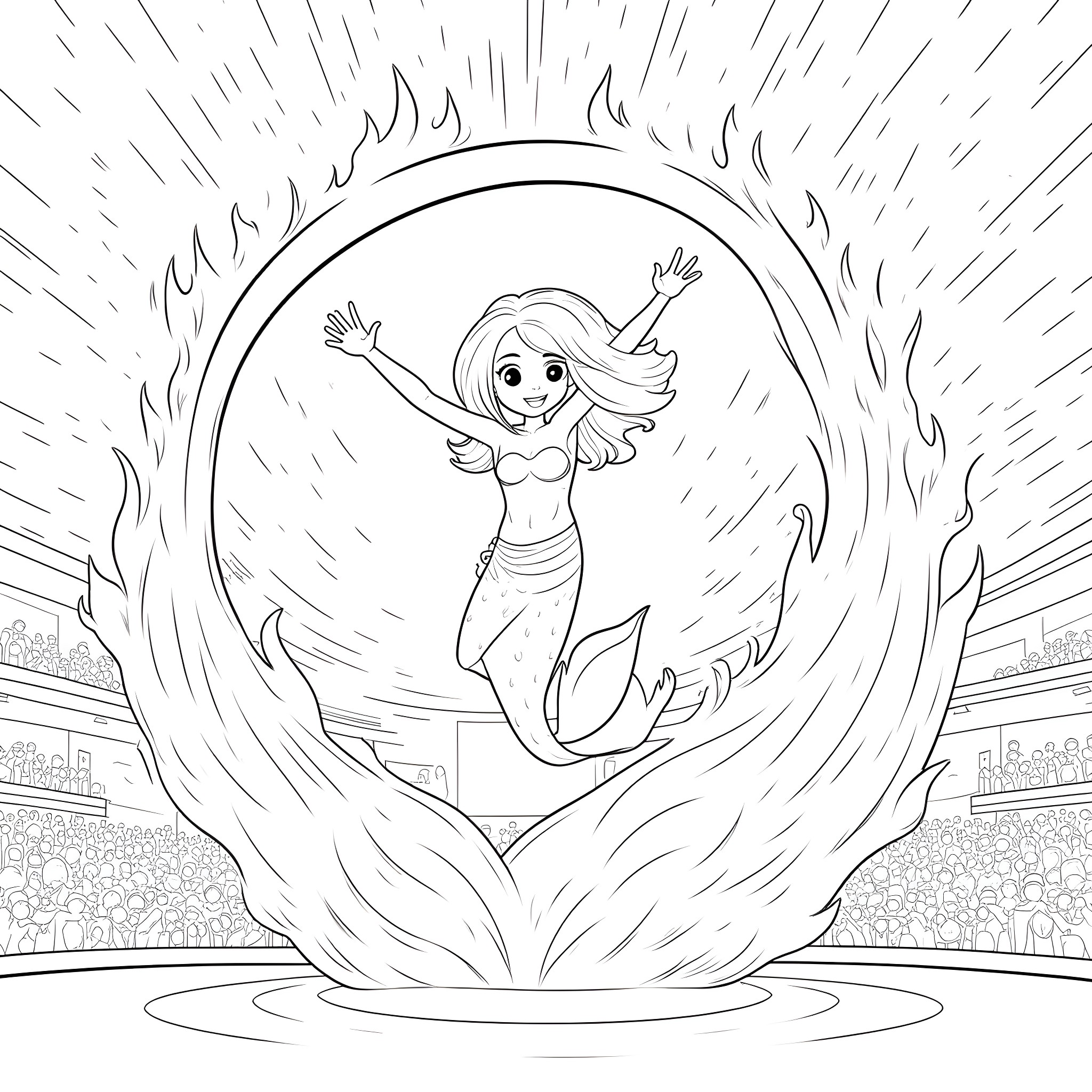 Mermaid swimming joyfully in a magical underwater world Coloring Page (free black-and-white line drawing printable PDF for all, from beginners to advanced learners, including children, teens, adults, and seniors)