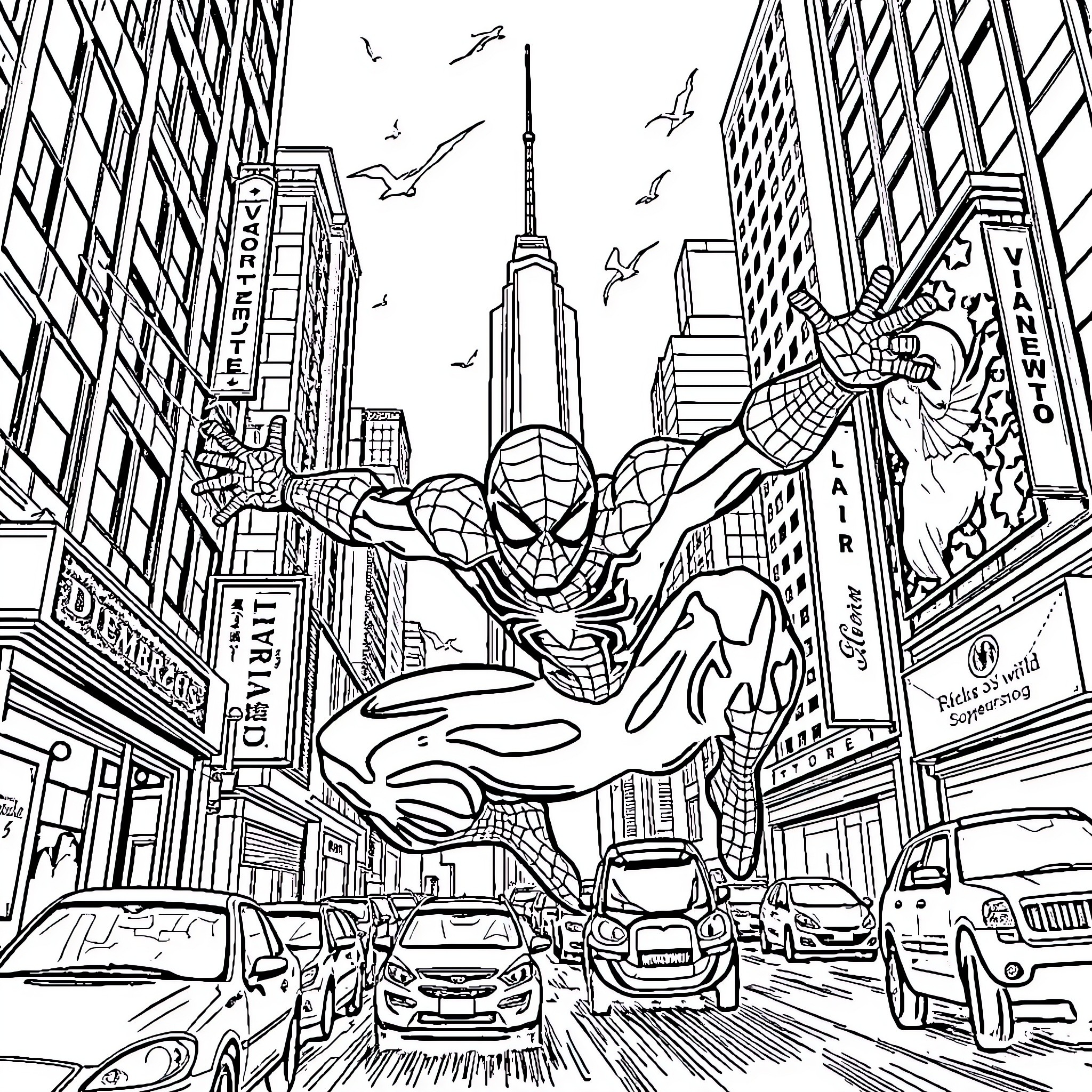 Spiderman swinging through New York City skyline Coloring Page (free black-and-white line drawing printable PDF for all, from beginners to advanced learners, including children, teens, adults, and seniors)