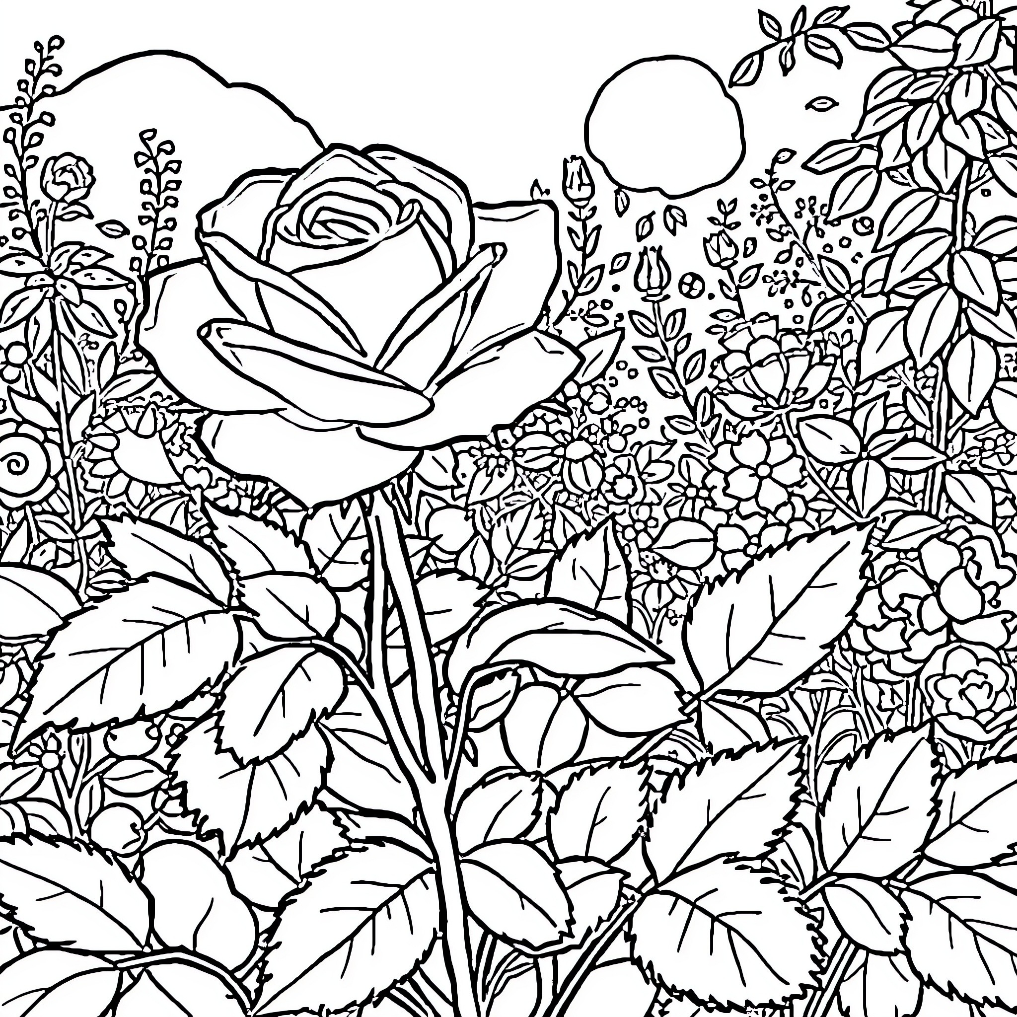 Rose Garden Enchantment Coloring Page (free black-and-white line drawing printable PDF for all, from beginners to advanced learners, including children, teens, adults, and seniors)