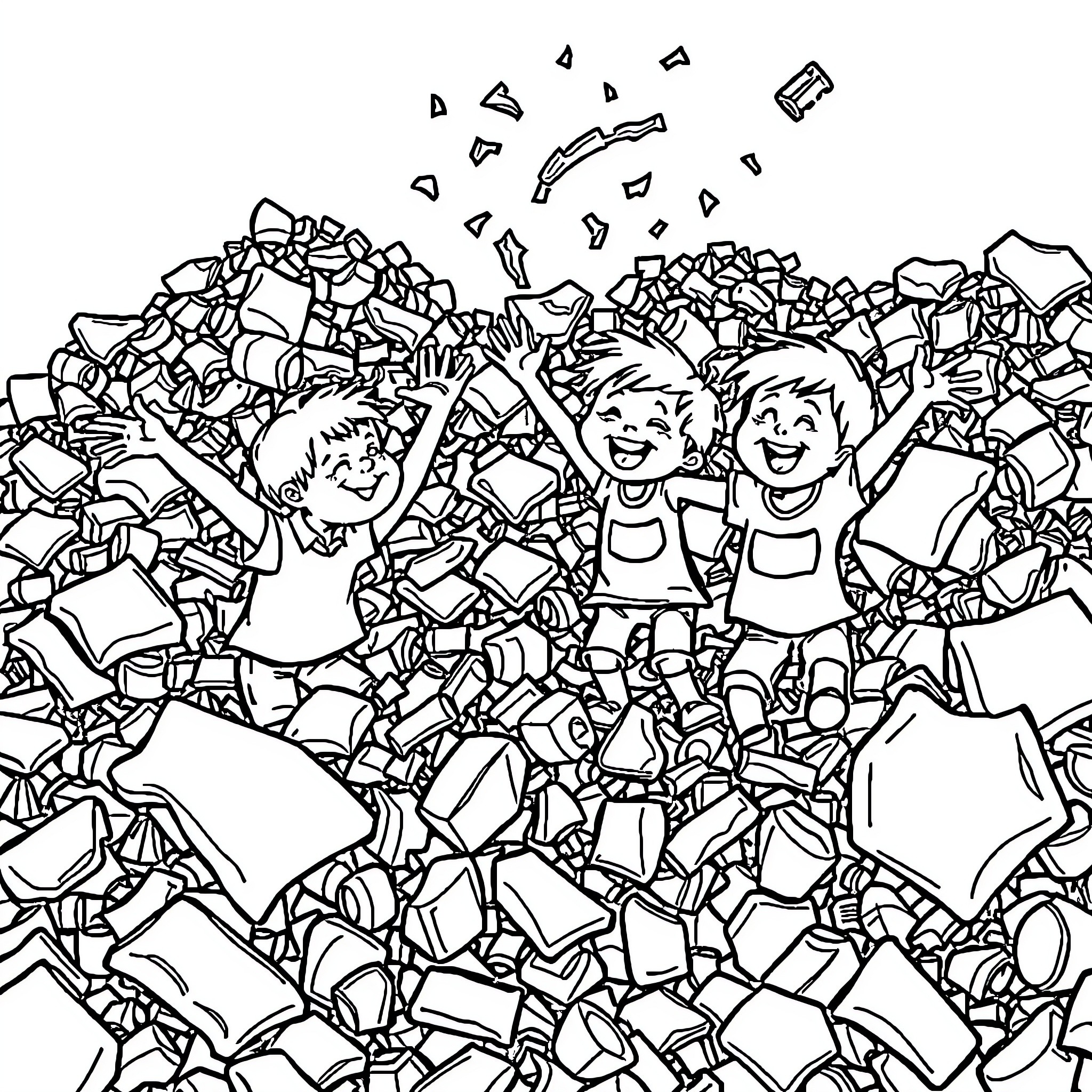 Kids celebrating joyfully in a pile of broken toys Coloring Page (free black-and-white line drawing printable PDF for all, from beginners to advanced learners, including children, teens, adults, and seniors)