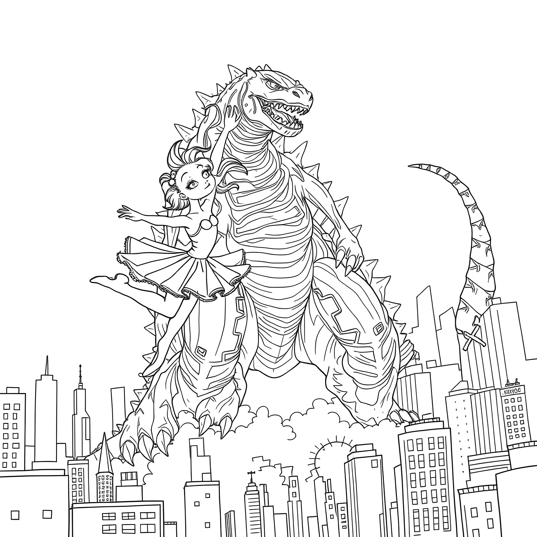 Ballerina dancing with a giant monster in the city Coloring Page (free black-and-white line drawing printable PDF for all, from beginners to advanced learners, including children, teens, adults, and seniors)