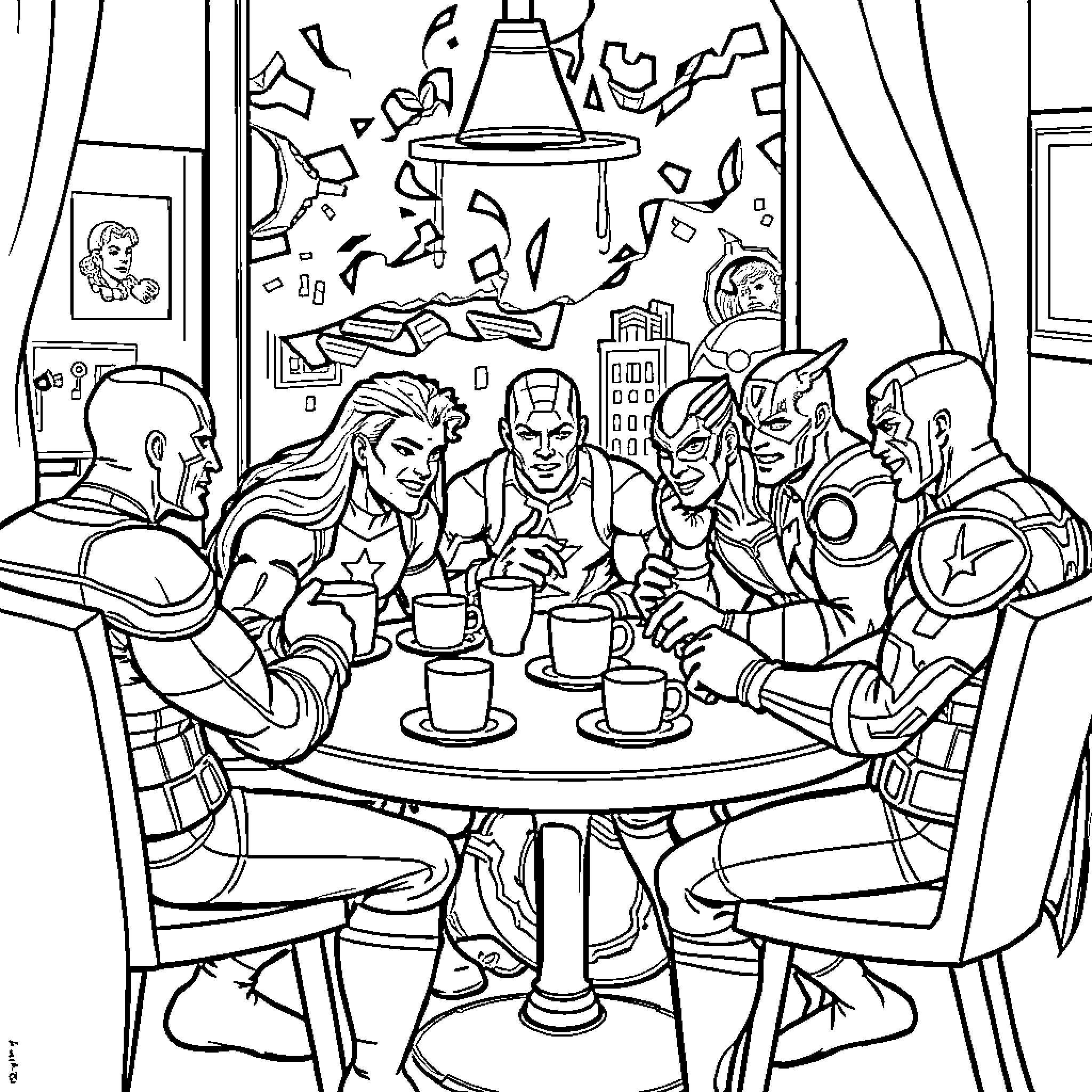 Avengers enjoying a casual gathering Coloring Page (free black-and-white line drawing printable PDF for all, from beginners to advanced learners, including children, teens, adults, and seniors)