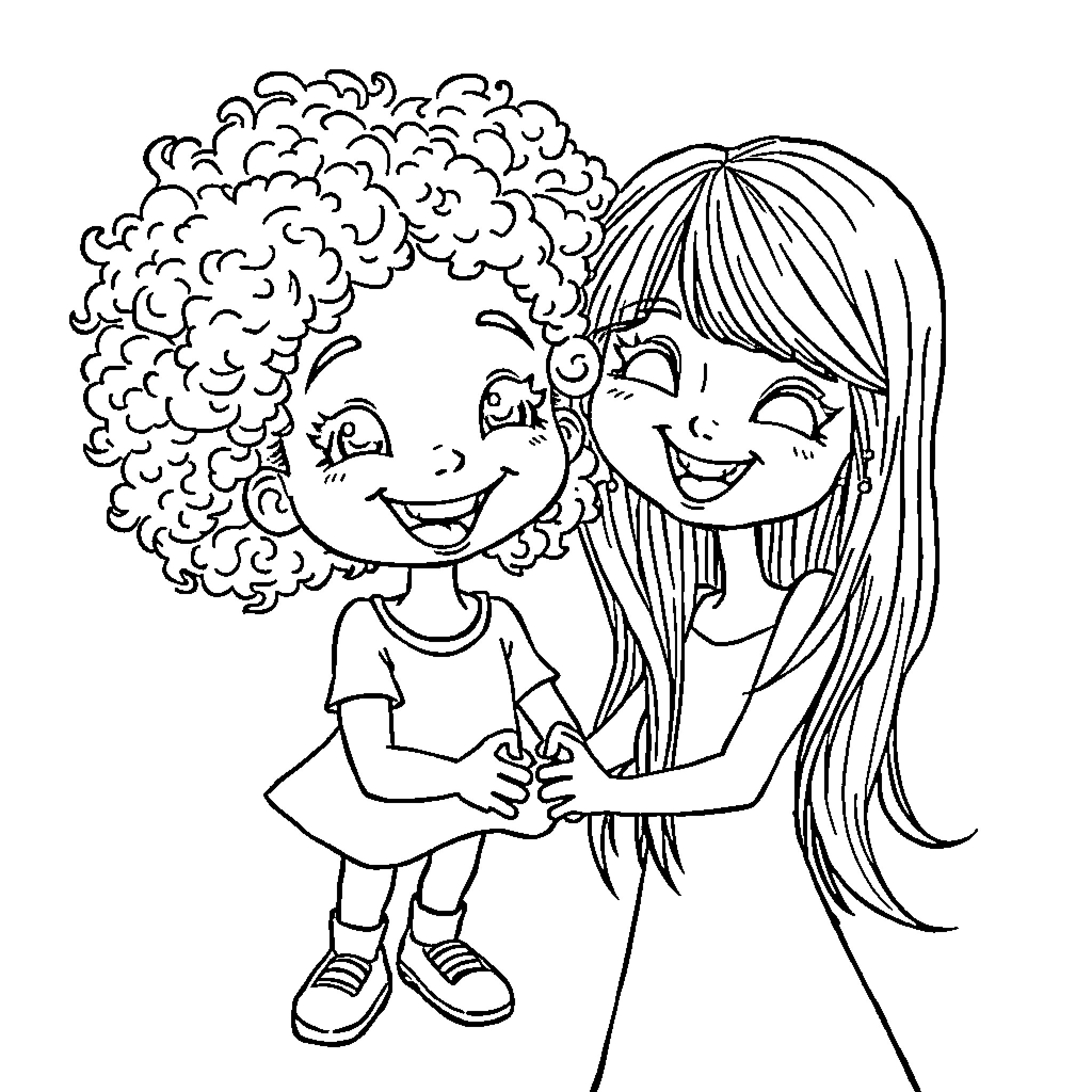 Girl and her curly-haired friend embracing happily Coloring Page (free black-and-white line drawing printable PDF for all, from beginners to advanced learners, including children, teens, adults, and seniors)