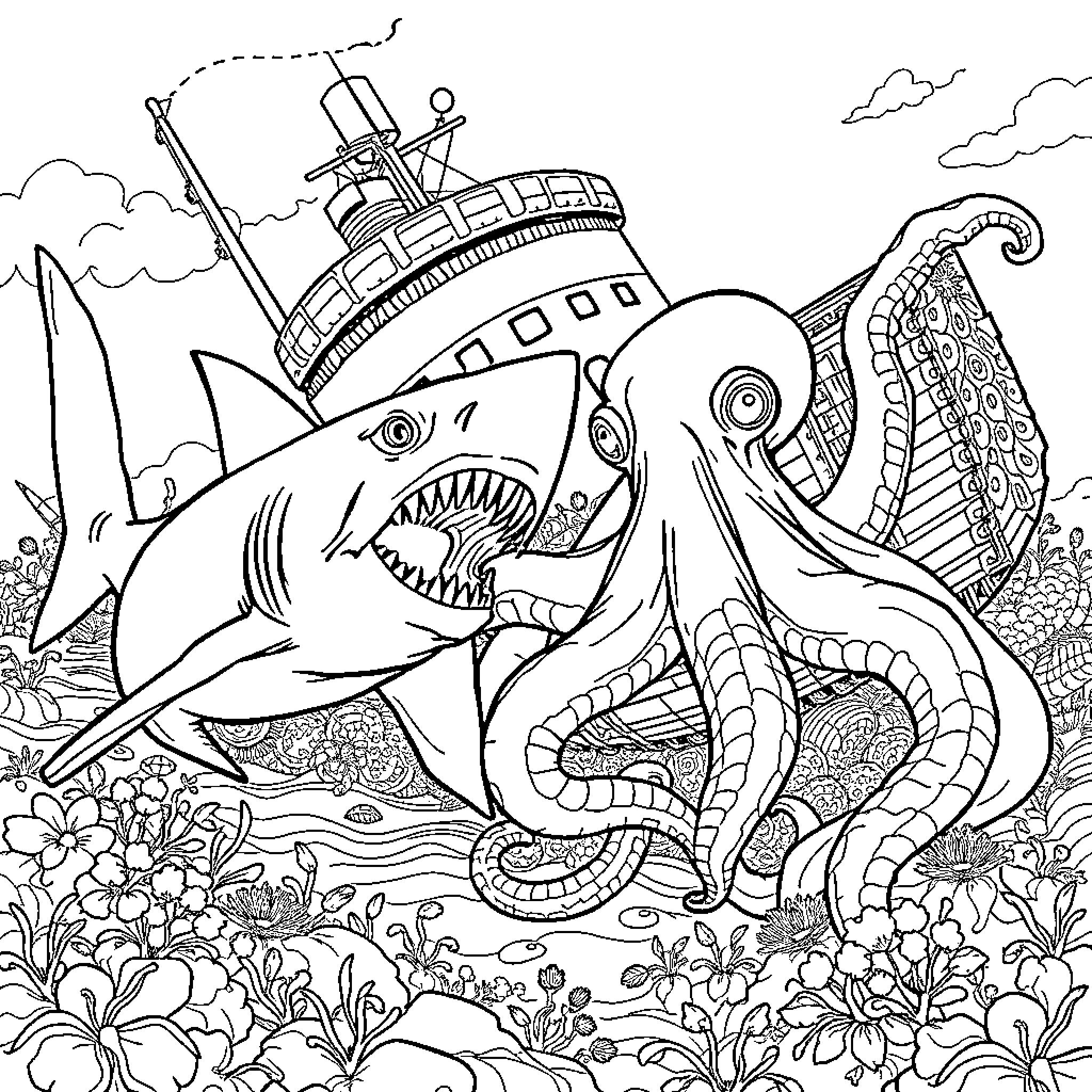 Shark and Octopus Encounter on Ocean Voyage Coloring Page (free black-and-white line drawing printable PDF for all, from beginners to advanced learners, including children, teens, adults, and seniors)