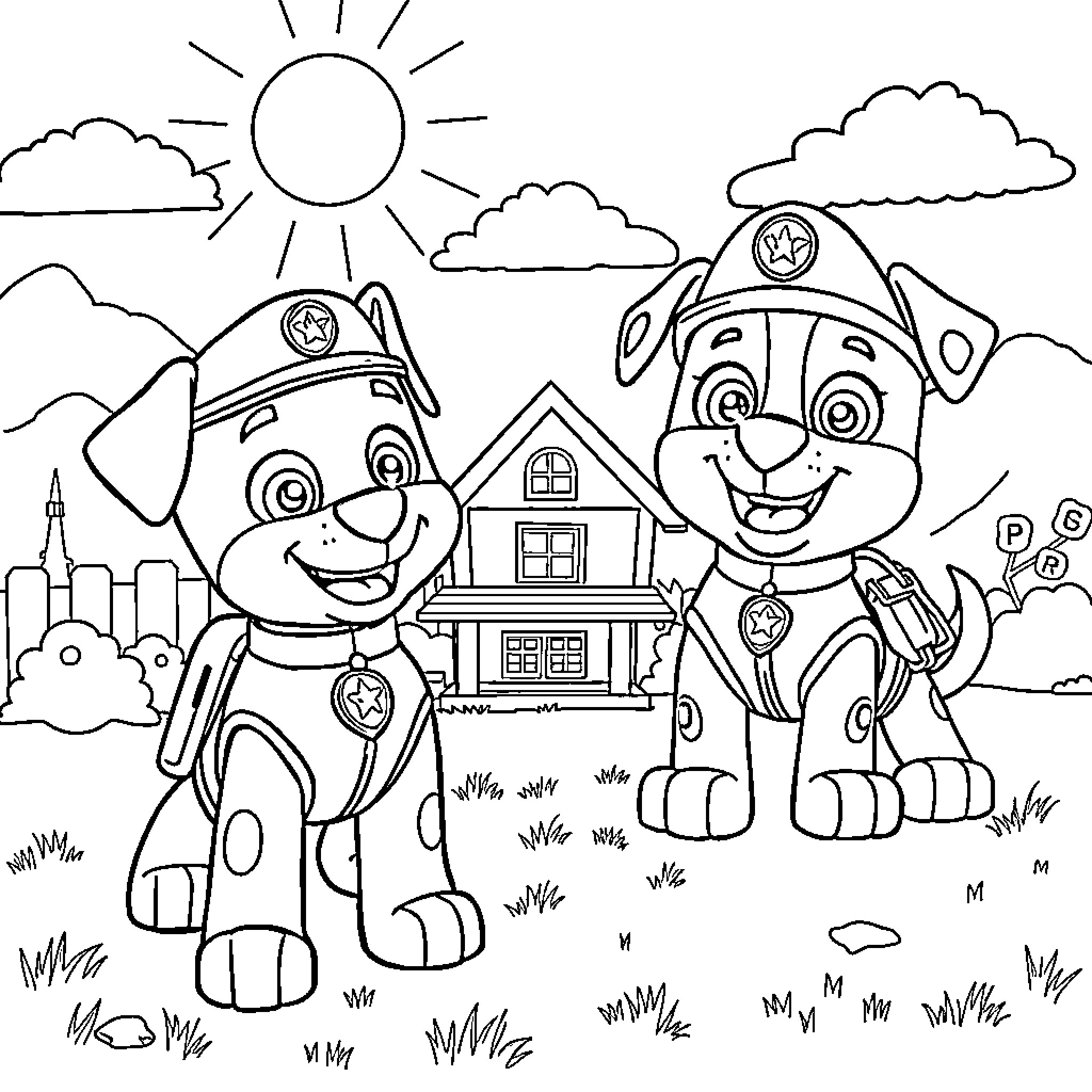 Paw Patrol Pups Exploring the Neighborhood Coloring Page (free black-and-white line drawing printable PDF for all, from beginners to advanced learners, including children, teens, adults, and seniors)