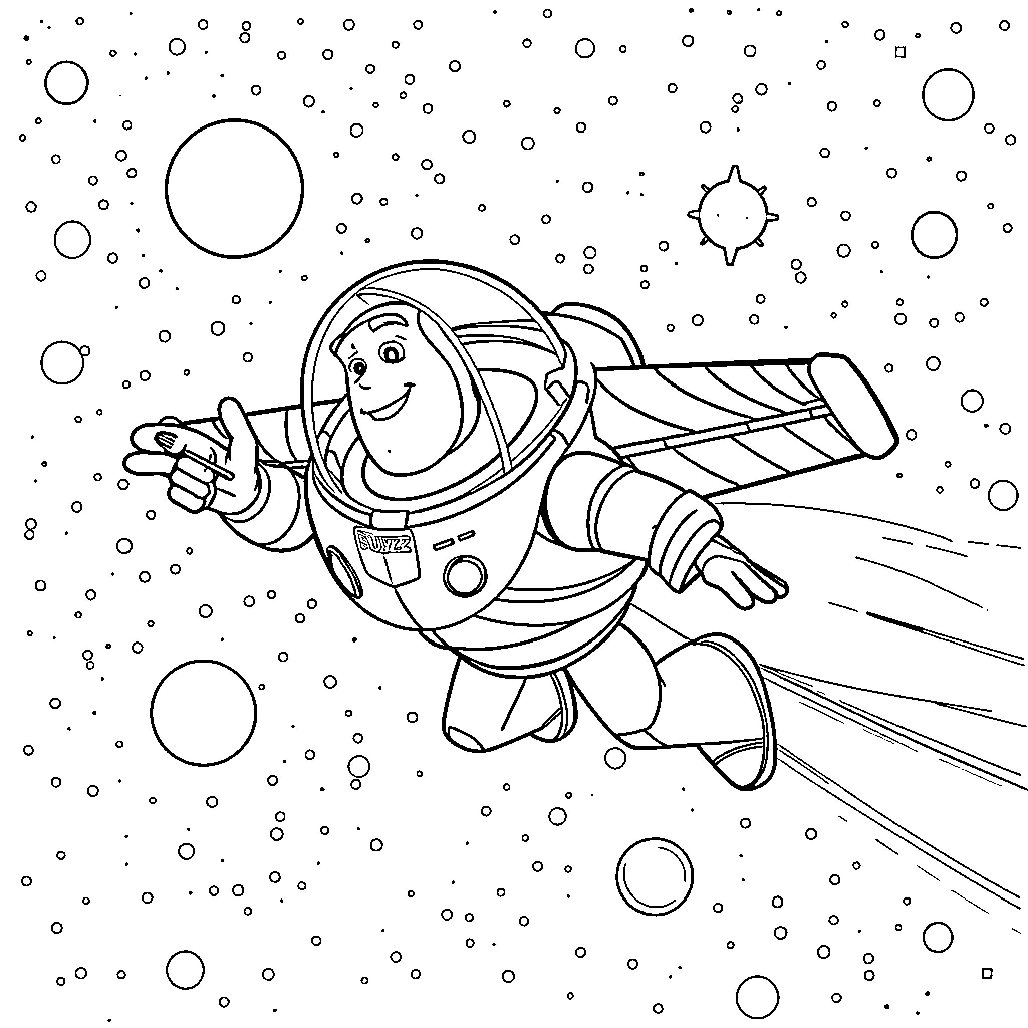 Buzz on a Space Adventure Coloring Page (free black-and-white line drawing printable PDF for all, from beginners to advanced learners, including children, teens, adults, and seniors)