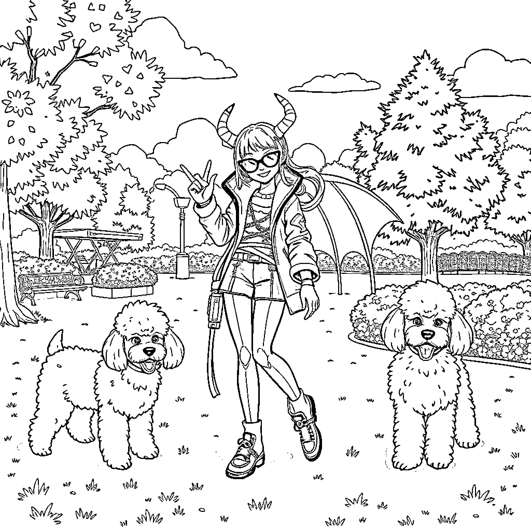 K-POP Demon Hunter Adventures with Pooches in the Park Coloring Page (free black-and-white line drawing printable PDF for all, from beginners to advanced learners, including children, teens, adults, and seniors)