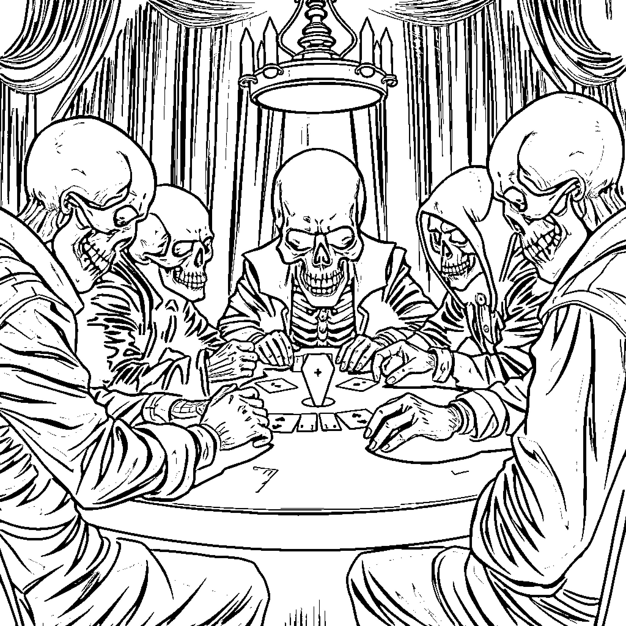 Skull Gathering of Hooded Figures at Ornate Table Coloring Page (free black-and-white line drawing printable PDF for all, from beginners to advanced learners, including children, teens, adults, and seniors)