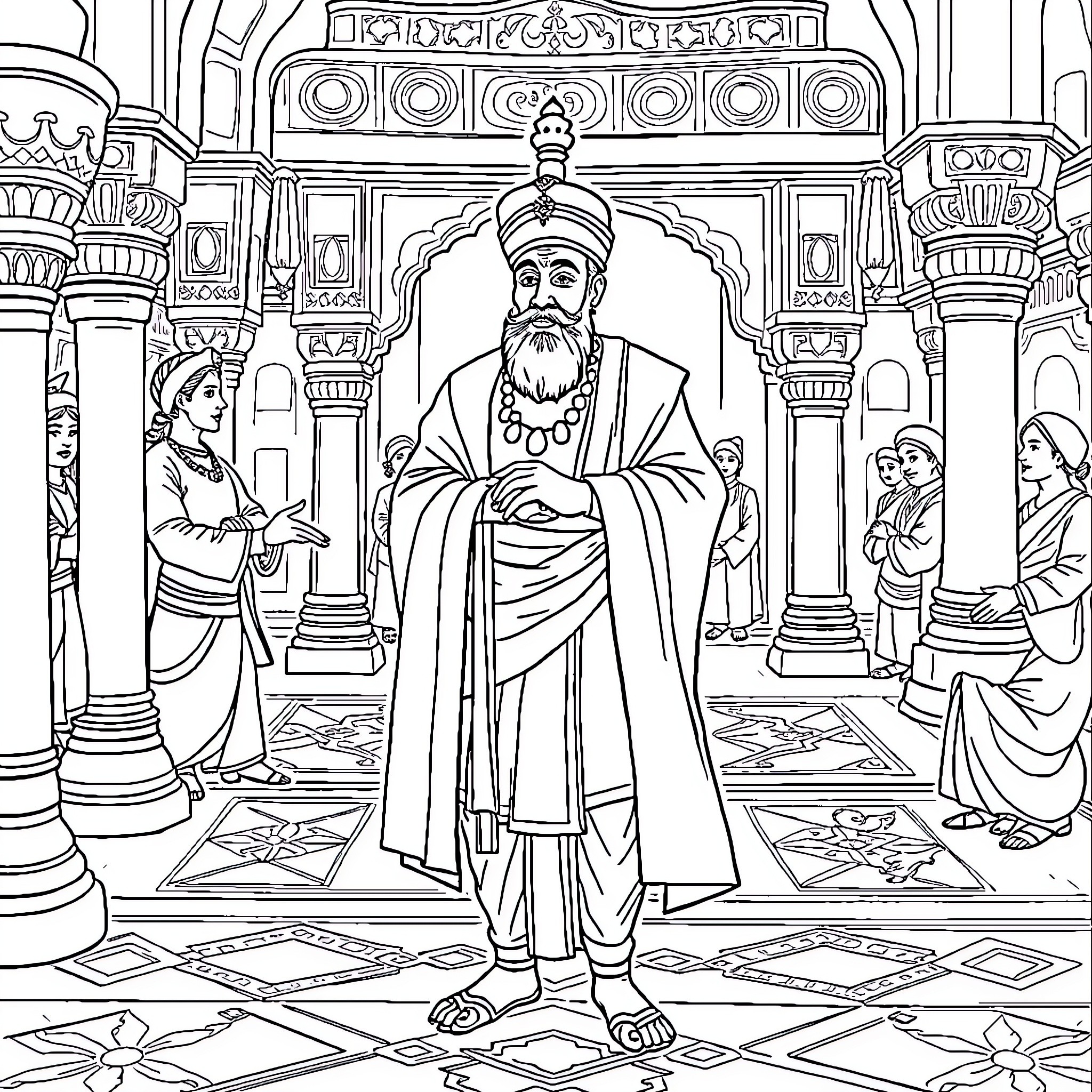 Birbal in the Royal Court of Emperor Akbar Coloring Page (free black-and-white line drawing printable PDF for all, from beginners to advanced learners, including children, teens, adults, and seniors)