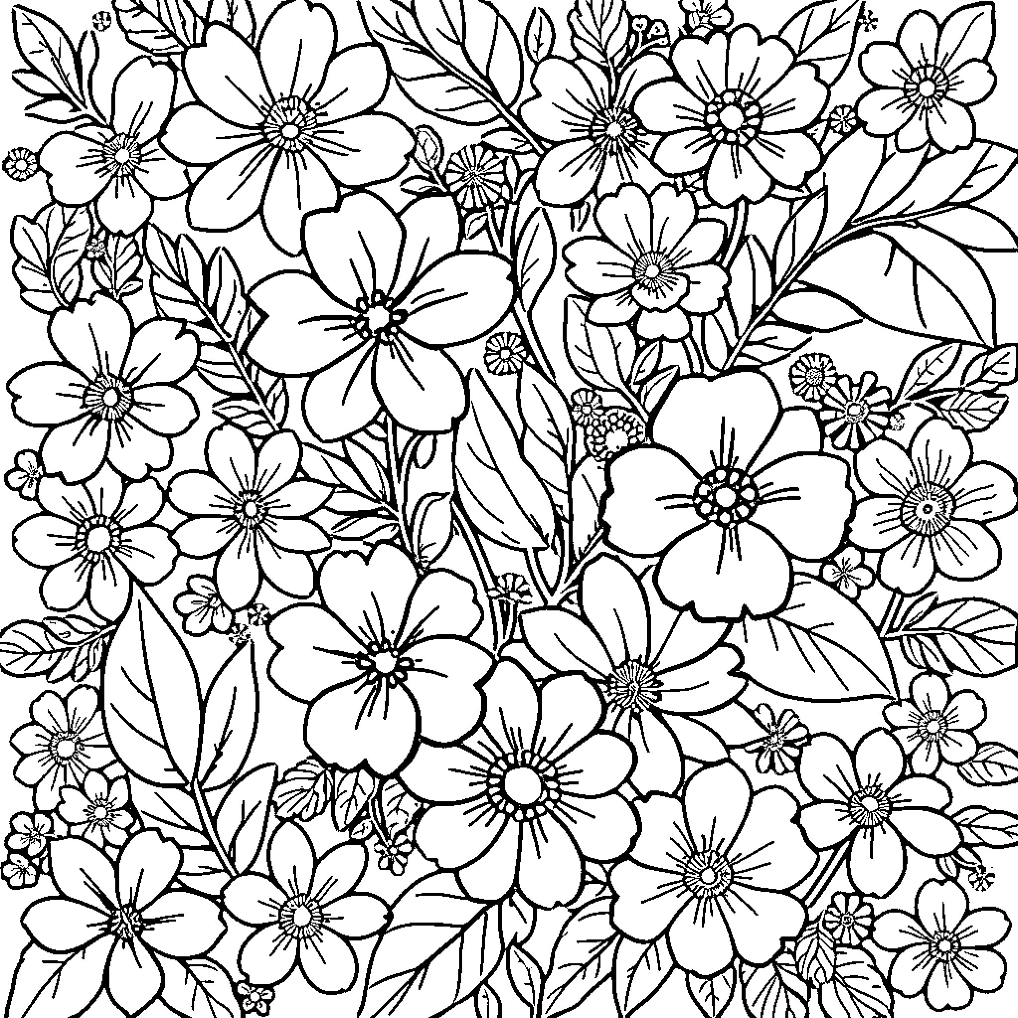 Flower Garden of Vibrant Blossoms Coloring Page (free black-and-white line drawing printable PDF for all, from beginners to advanced learners, including children, teens, adults, and seniors)