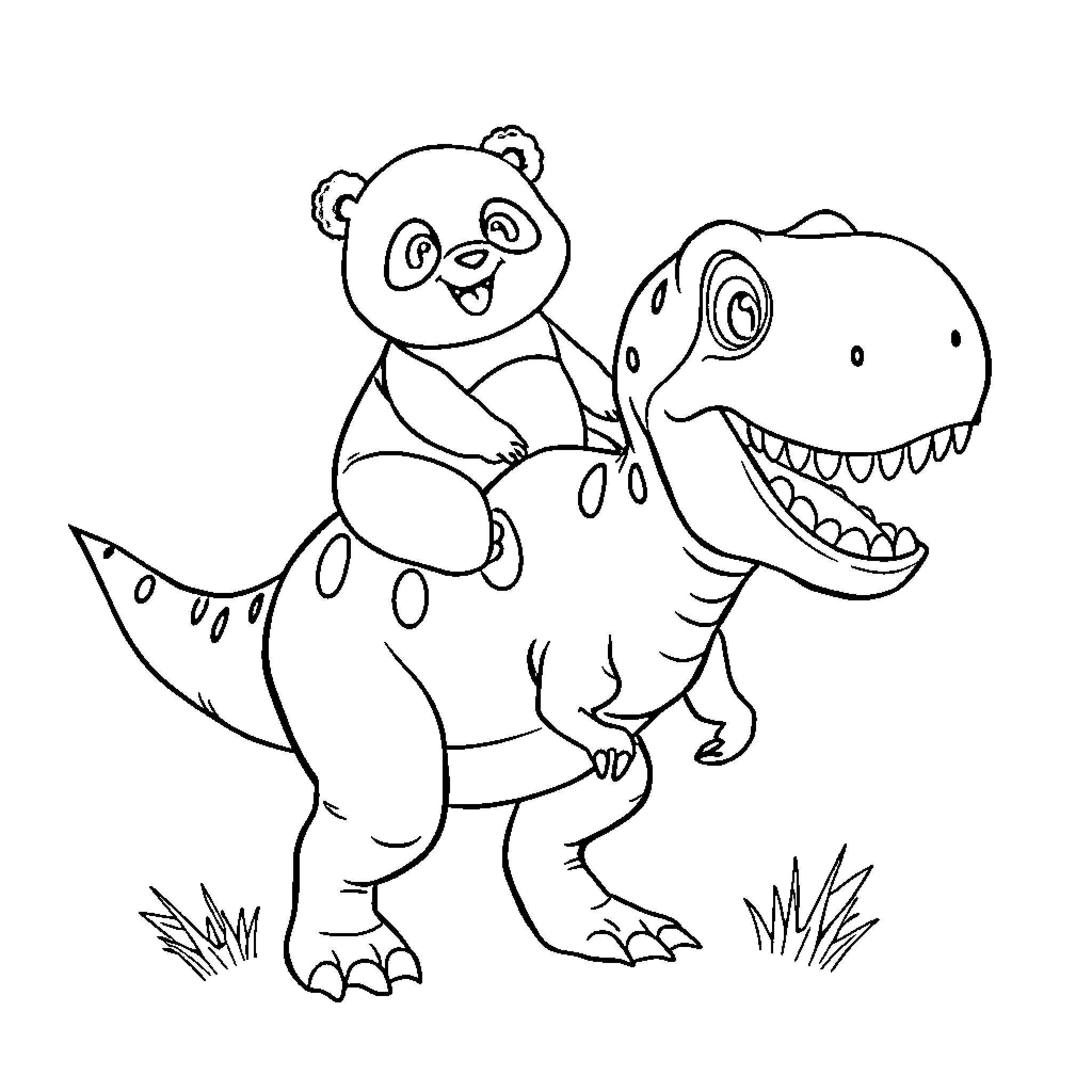 Panda riding a playful dinosaur Coloring Page (free black-and-white line drawing printable PDF for all, from beginners to advanced learners, including children, teens, adults, and seniors)