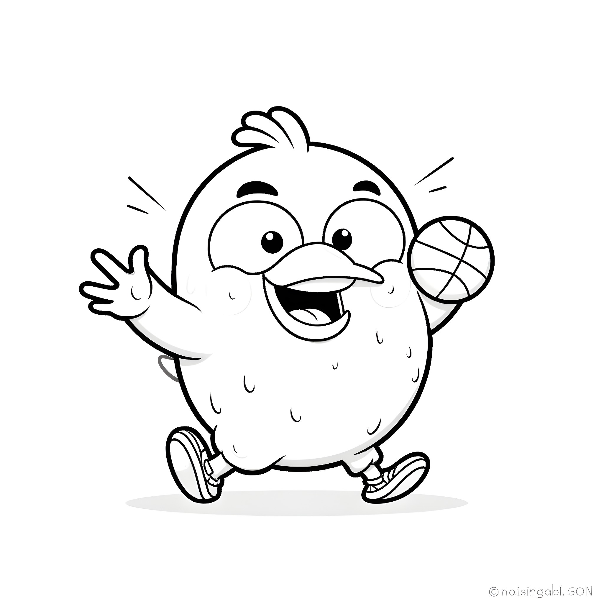 Angry Bird playing with basketball Coloring Page (free black-and-white line drawing printable PDF for all, from beginners to advanced learners, including children, teens, adults, and seniors)