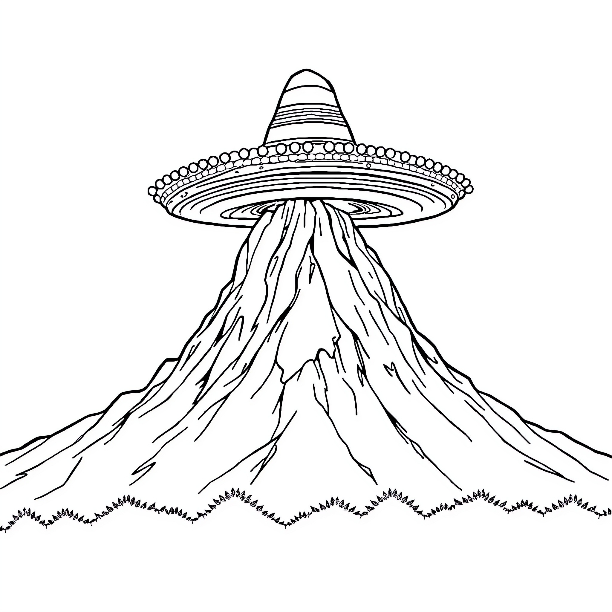 Mountain with Unique Sombrero Shaped Peak Coloring Page (free black-and-white line drawing printable PDF for all, from beginners to advanced learners, including children, teens, adults, and seniors)