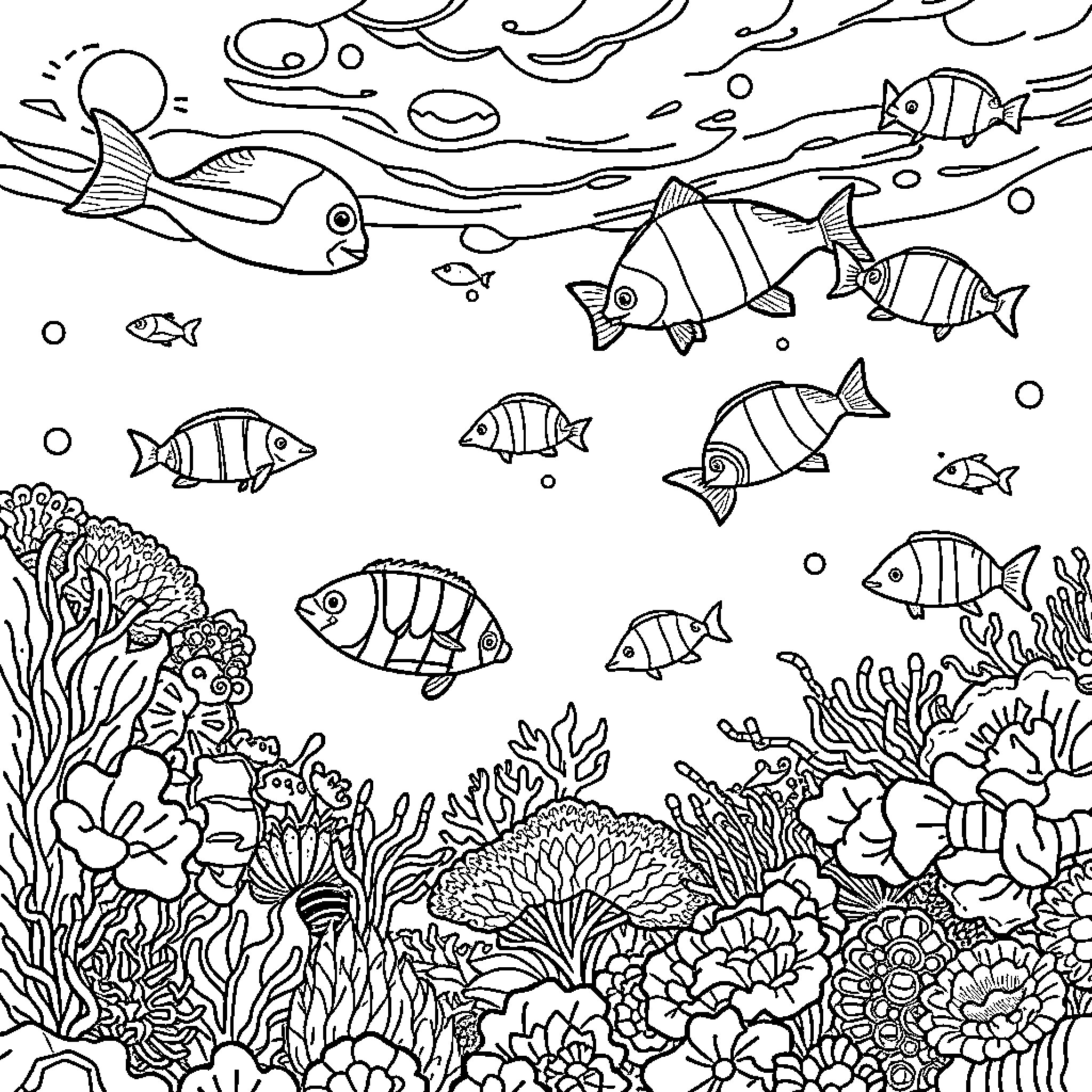 Sea Animals Swimming Amidst Vibrant Coral Reef Coloring Page (free black-and-white line drawing printable PDF for all, from beginners to advanced learners, including children, teens, adults, and seniors)