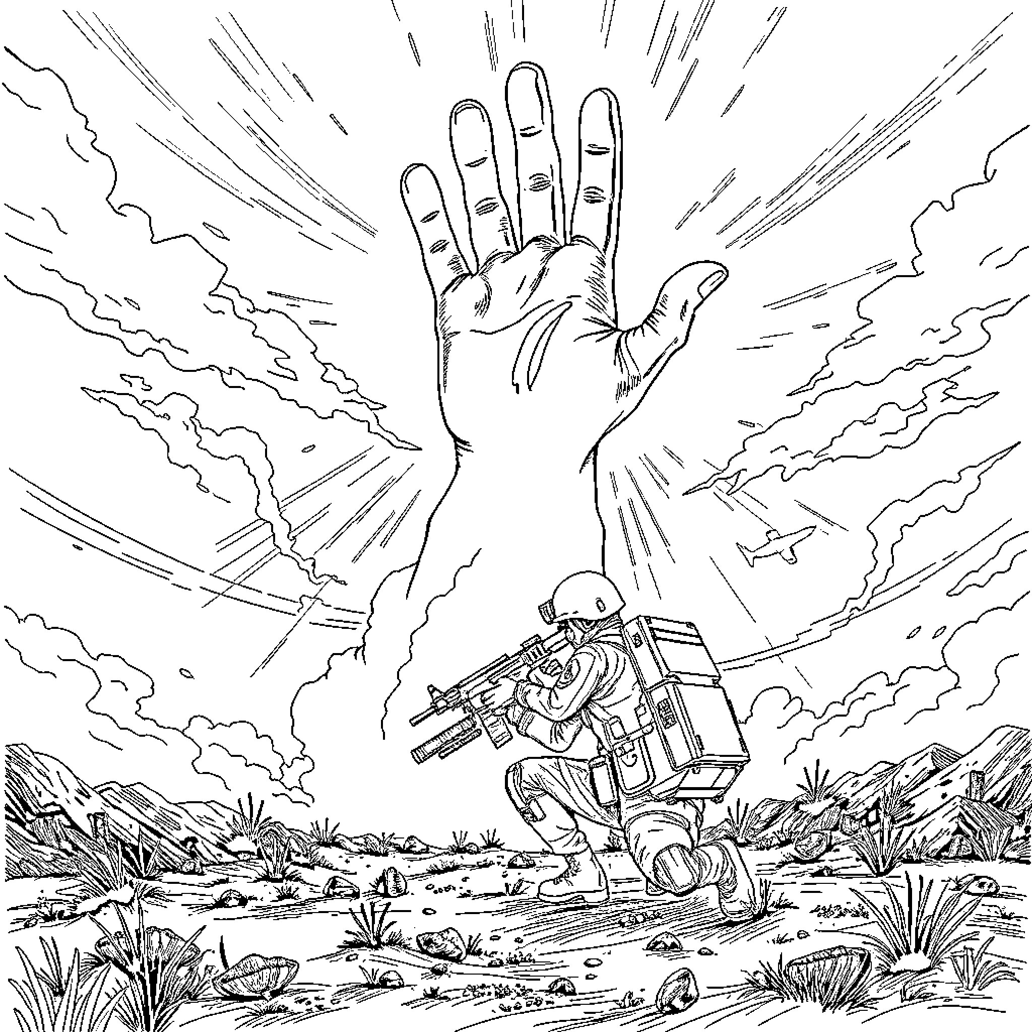 Soldier standing heroically amid battle landscape Coloring Page (free black-and-white line drawing printable PDF for all, from beginners to advanced learners, including children, teens, adults, and seniors)