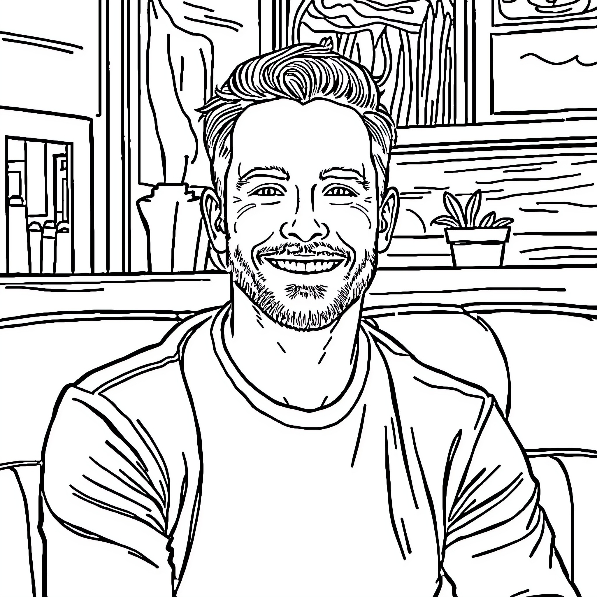 Man smiling happily in his home environment Coloring Page (free black-and-white line drawing printable PDF for all, from beginners to advanced learners, including children, teens, adults, and seniors)