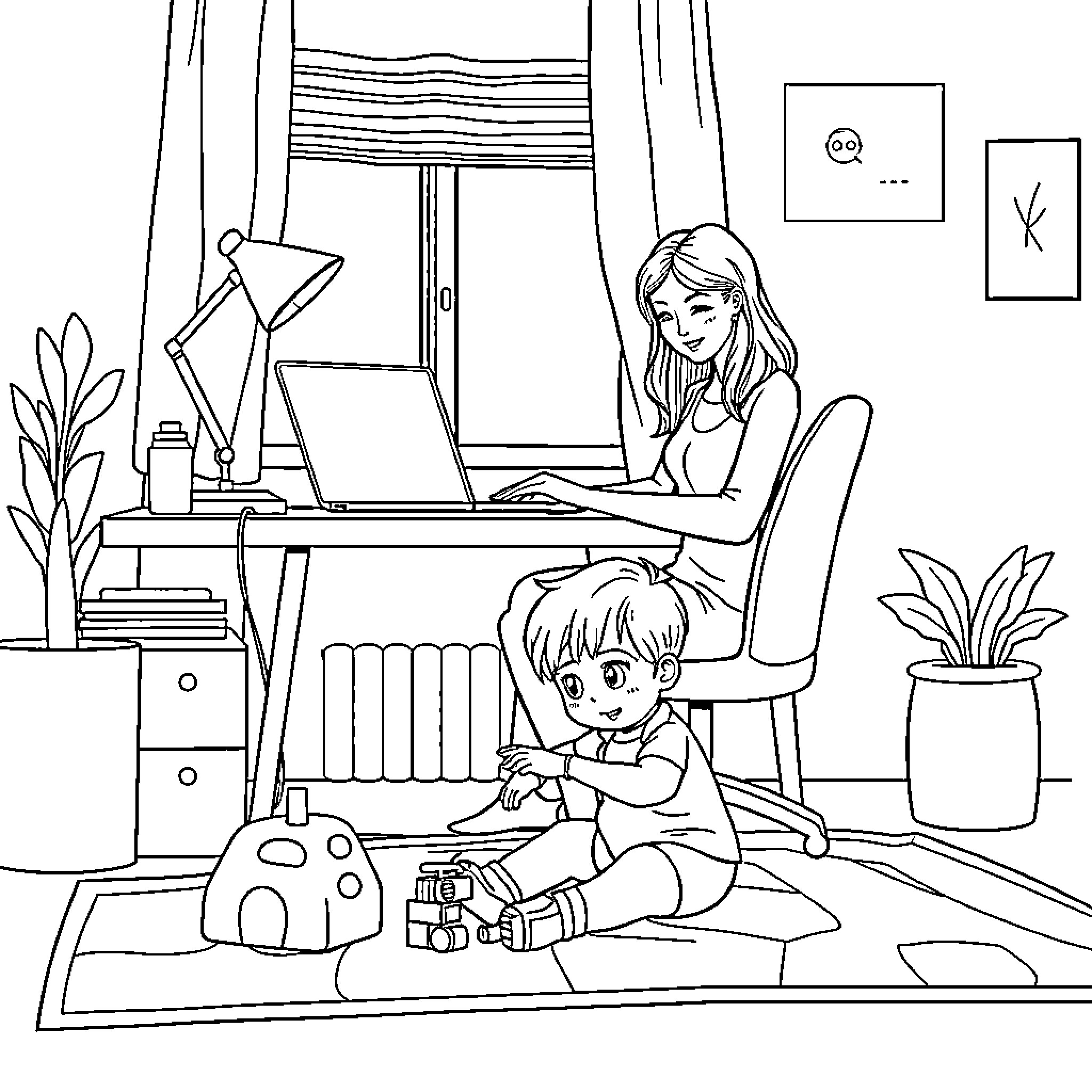 Mom and child working on projects at home Coloring Page (free black-and-white line drawing printable PDF for all, from beginners to advanced learners, including children, teens, adults, and seniors)