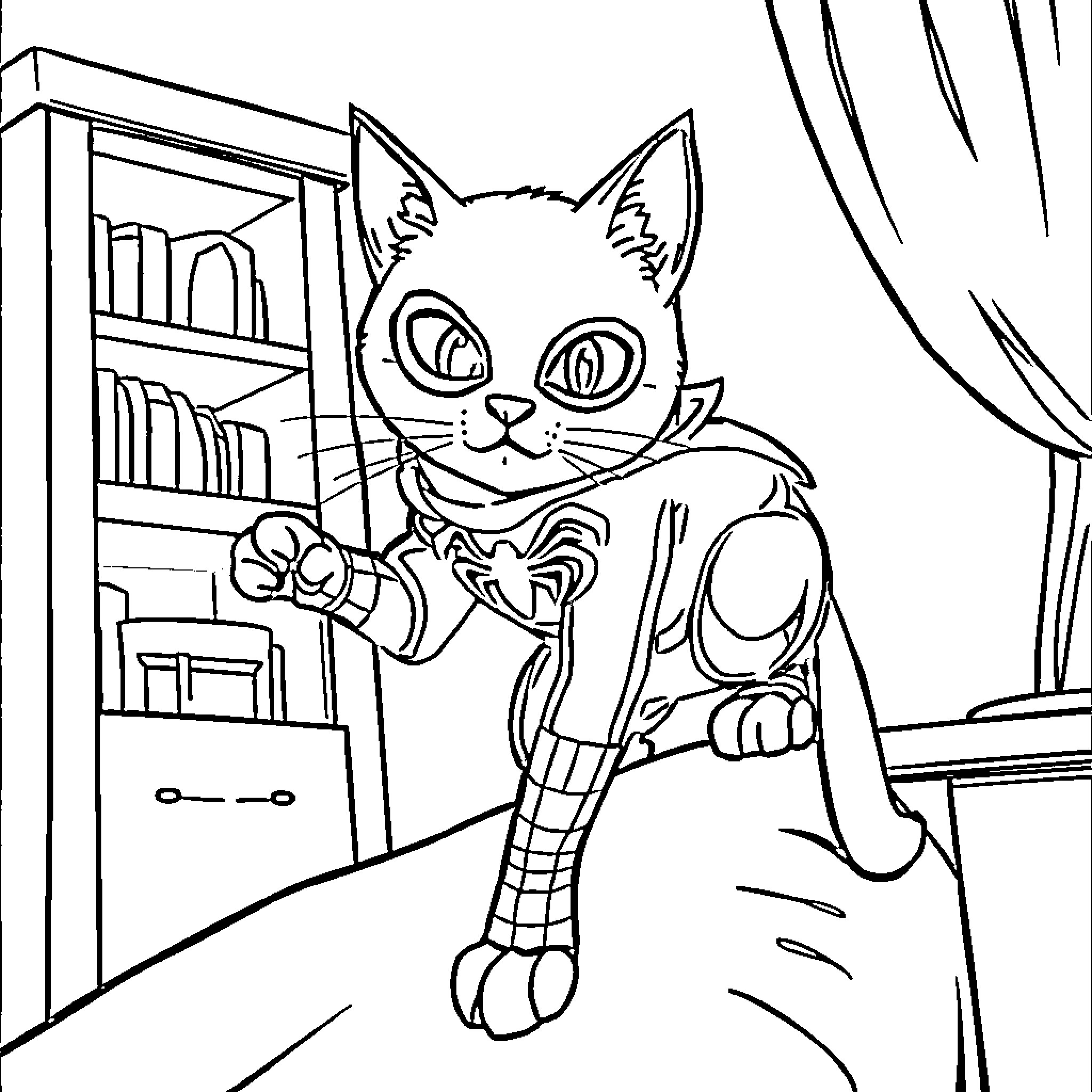 Cat Spider Man in a Playful Superhero Pose Coloring Page (free black-and-white line drawing printable PDF for all, from beginners to advanced learners, including children, teens, adults, and seniors)