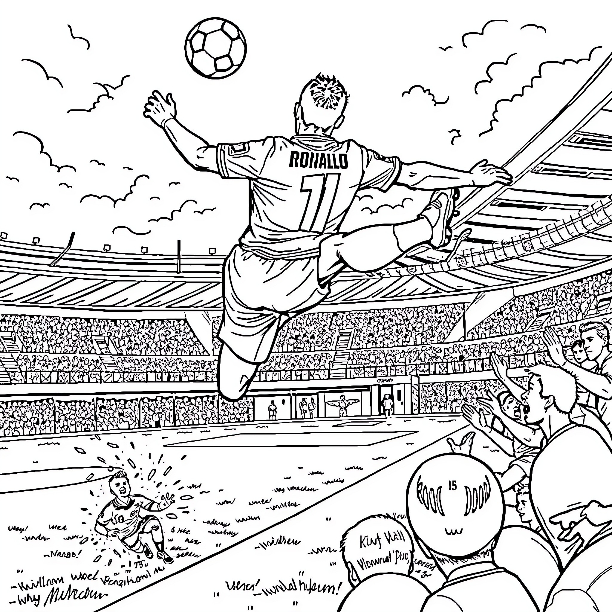 Cristiano Ronaldo Celebrating Goal in Soccer Stadium Coloring Page (free black-and-white line drawing printable PDF for all, from beginners to advanced learners, including children, teens, adults, and seniors)