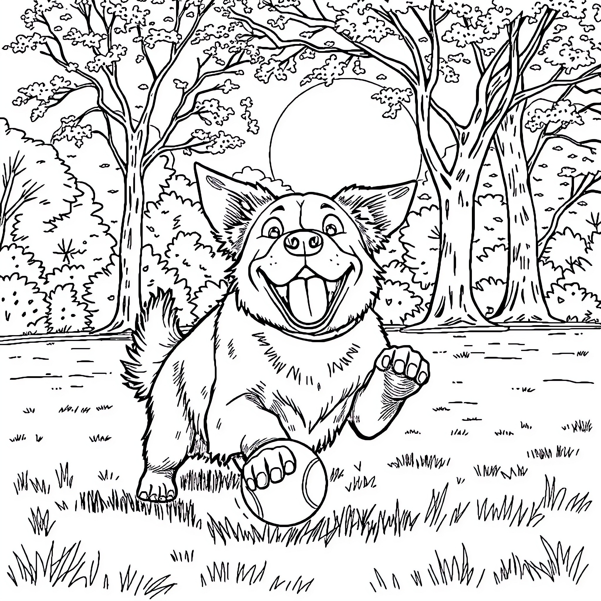 Dog playing joyfully in forest landscape Coloring Page (free black-and-white line drawing printable PDF for all, from beginners to advanced learners, including children, teens, adults, and seniors)