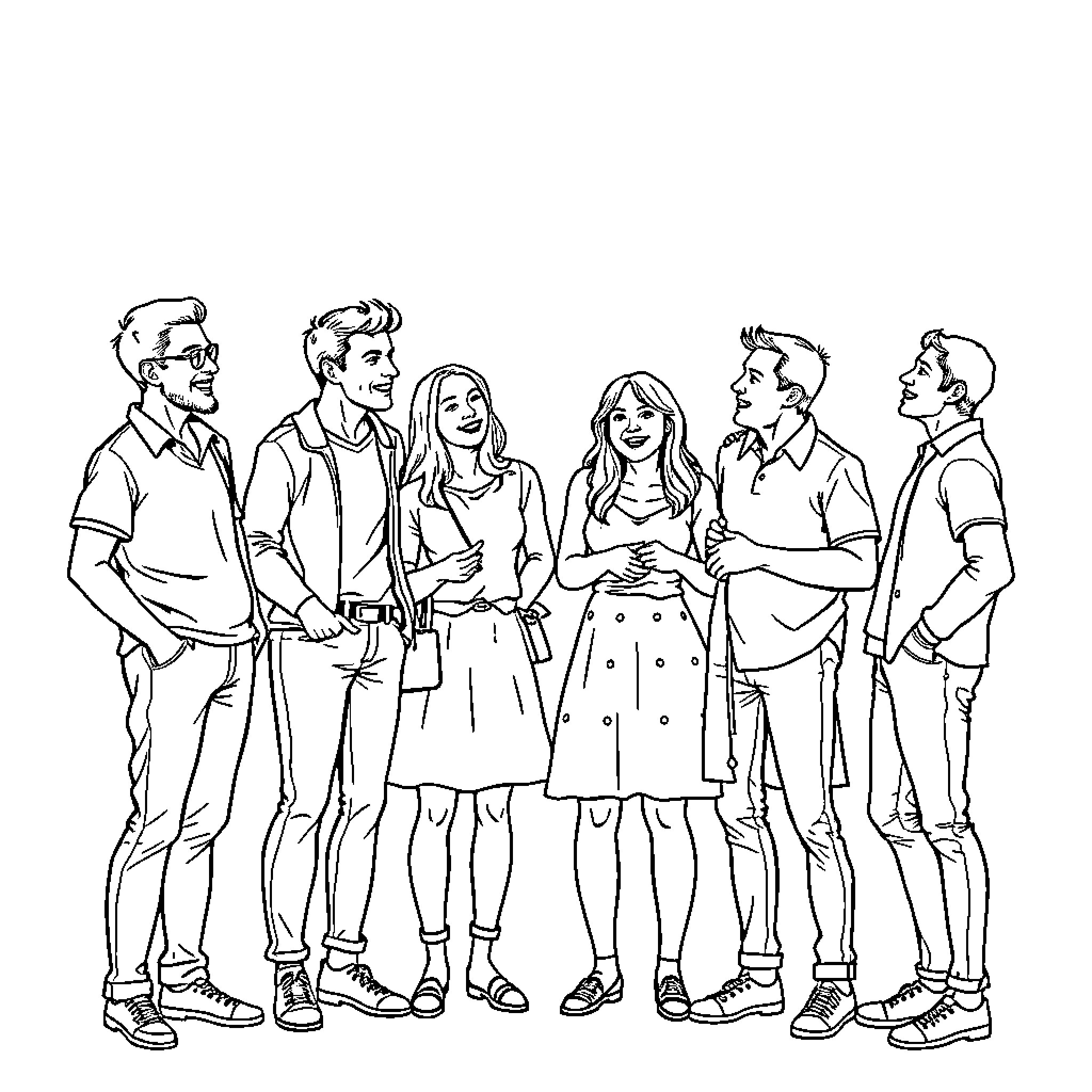 Person standing in a group with friends Coloring Page (free black-and-white line drawing printable PDF for all, from beginners to advanced learners, including children, teens, adults, and seniors)