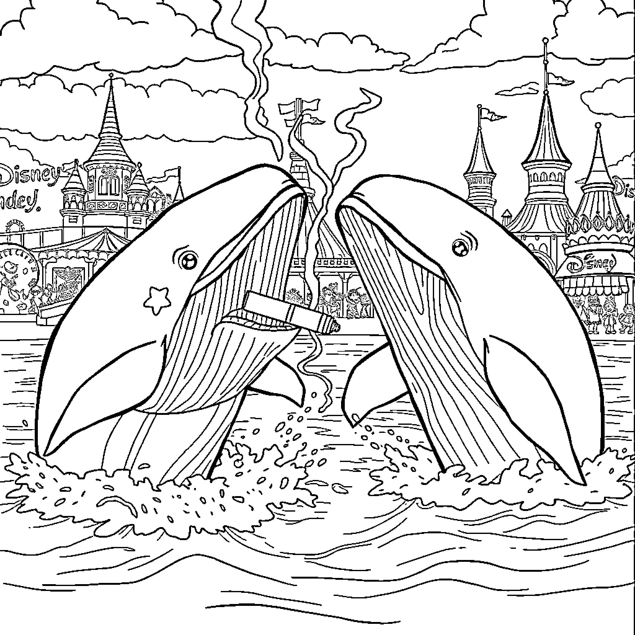 Whale swimming through magical castles and clouds Coloring Page (free black-and-white line drawing printable PDF for all, from beginners to advanced learners, including children, teens, adults, and seniors)