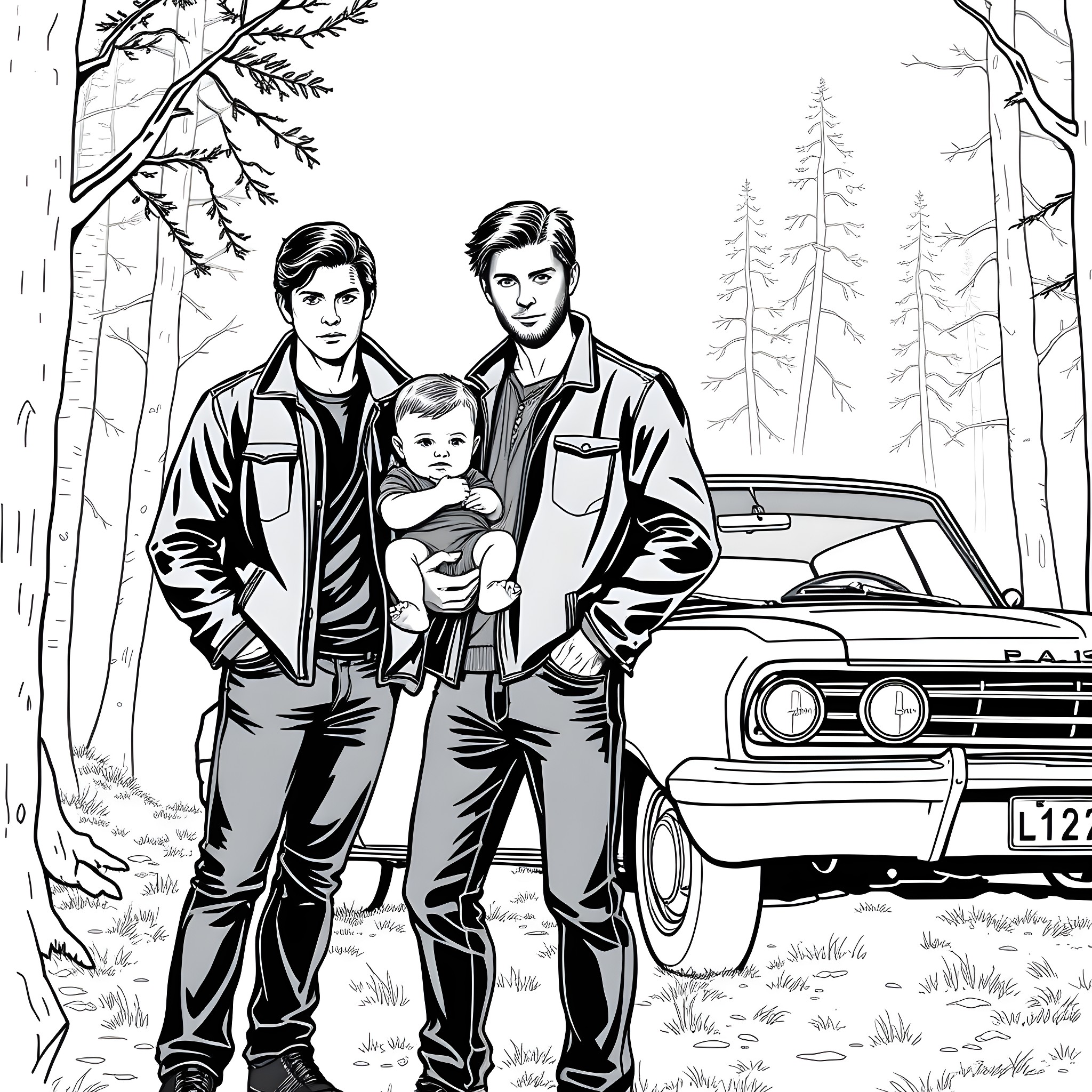 Dean and Sam Winchester on a road trip Coloring Page (free black-and-white line drawing printable PDF for all, from beginners to advanced learners, including children, teens, adults, and seniors)