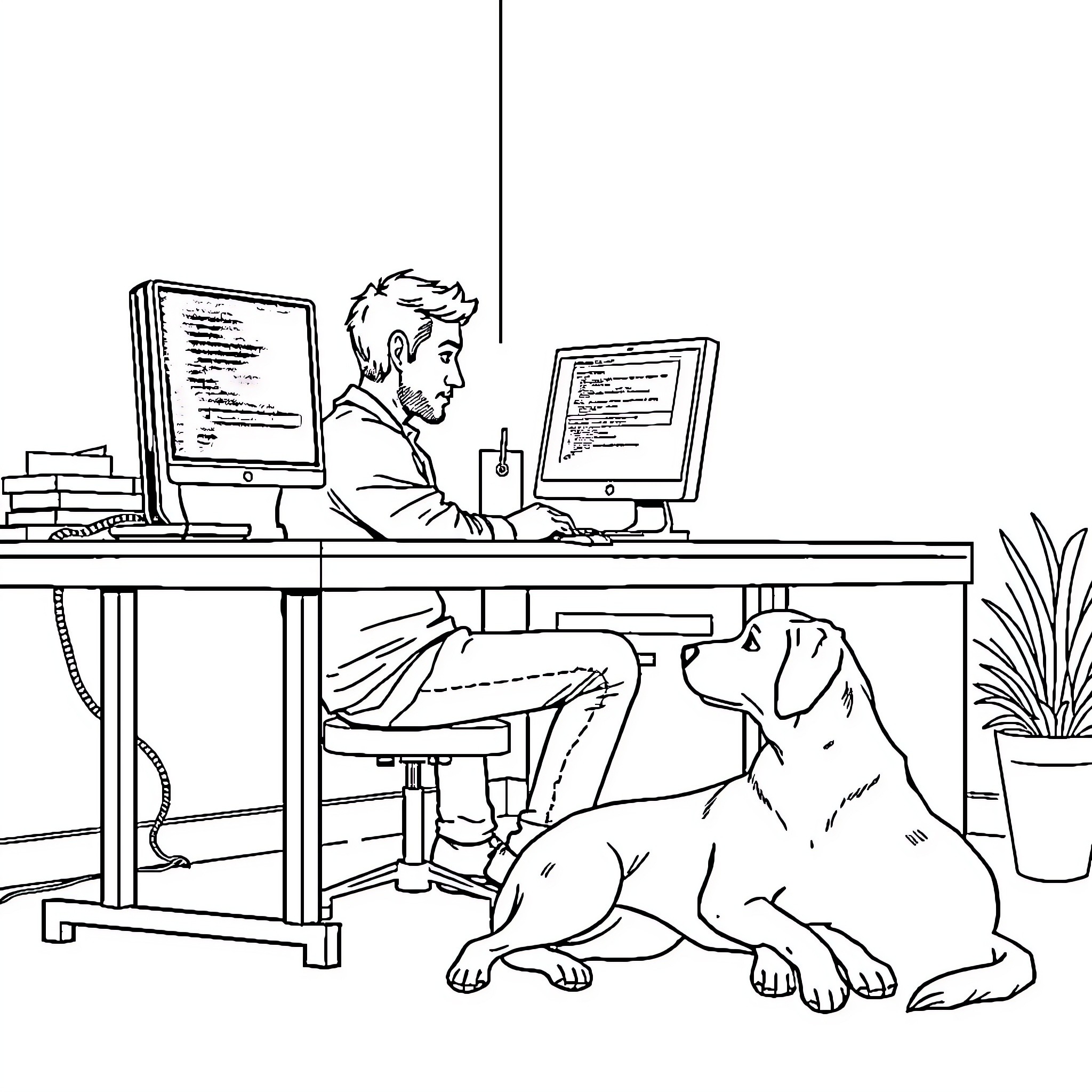 Man working diligently at computer with loyal dog companion Coloring Page (free black-and-white line drawing printable PDF for all, from beginners to advanced learners, including children, teens, adults, and seniors)