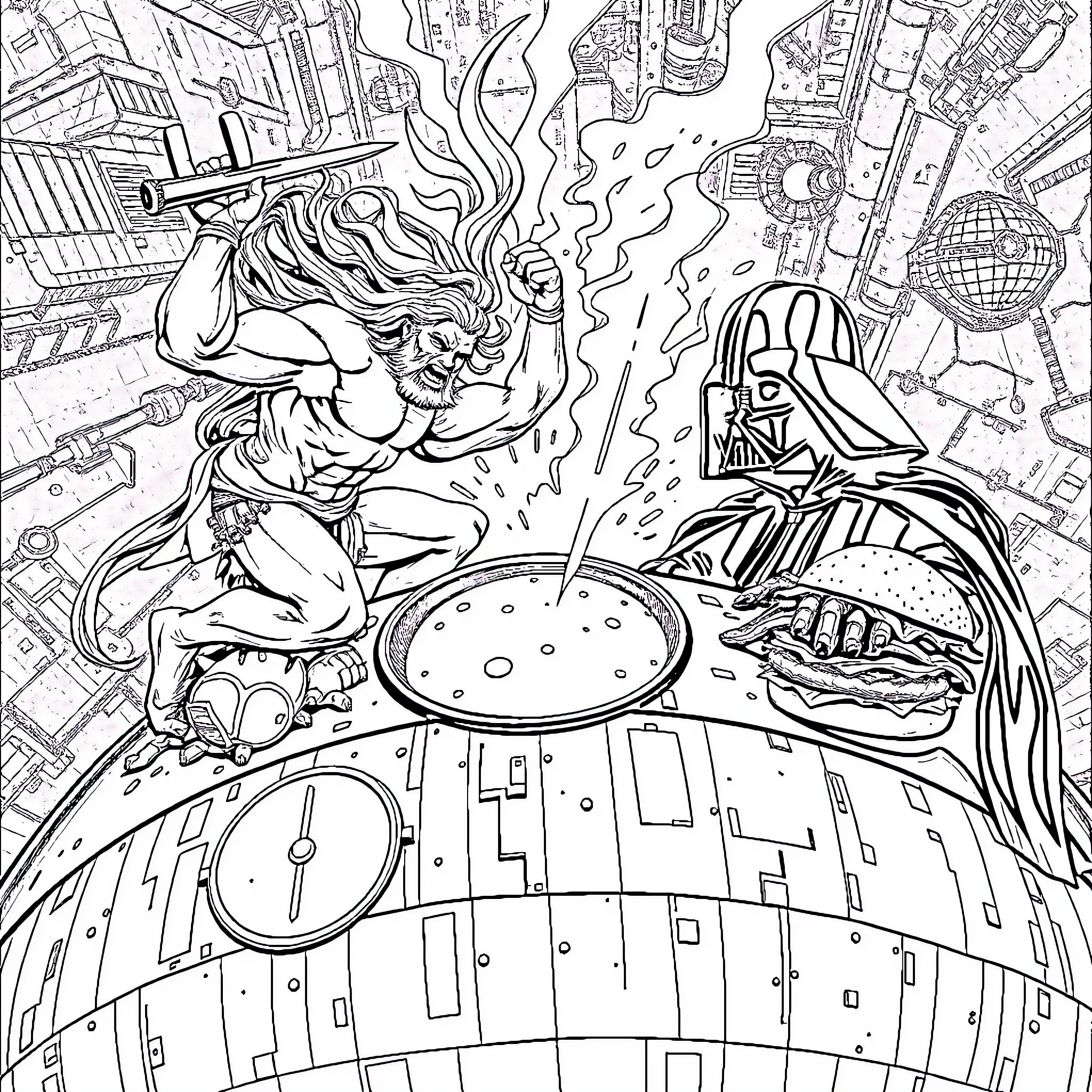 Poseidon battling Darth Vader on a cosmic stage Coloring Page (free black-and-white line drawing printable PDF for all, from beginners to advanced learners, including children, teens, adults, and seniors)