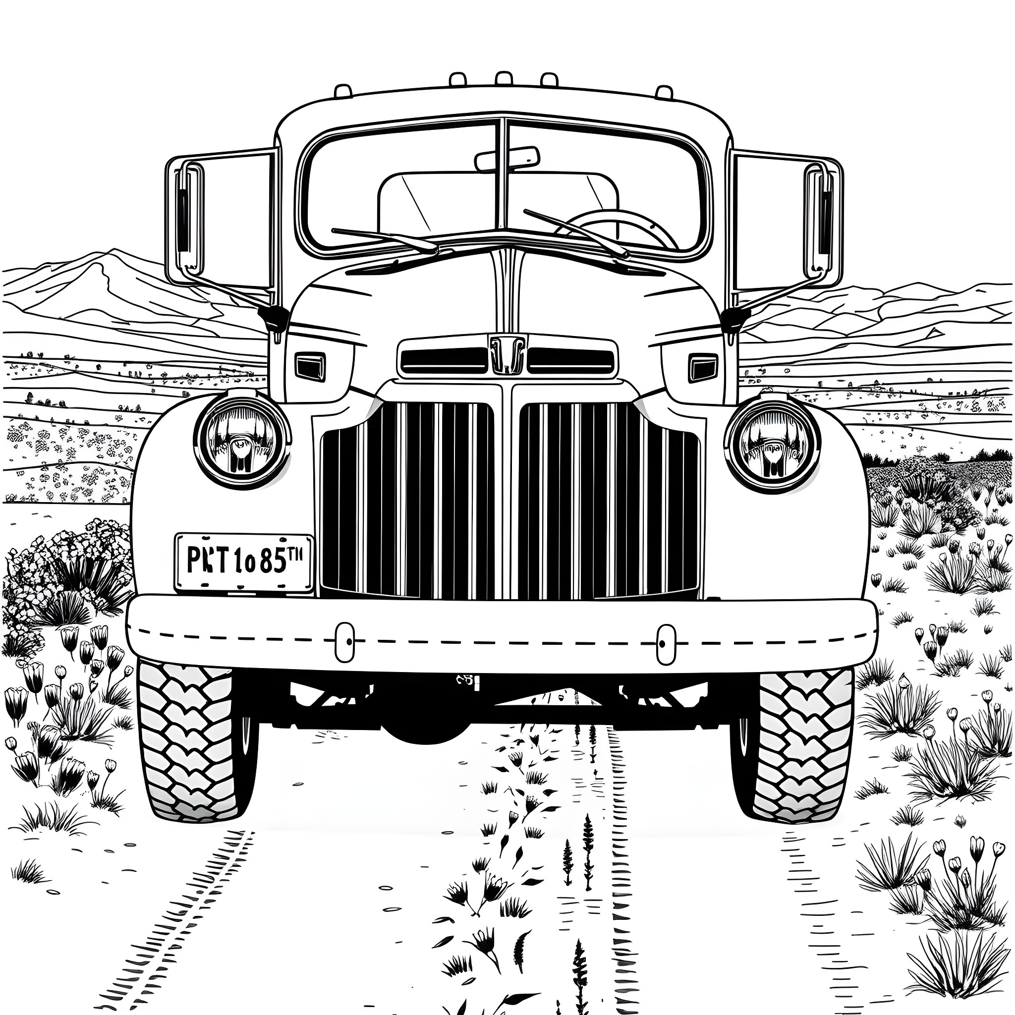 Truck in the remote desert landscape Coloring Page (free black-and-white line drawing printable PDF for all, from beginners to advanced learners, including children, teens, adults, and seniors)