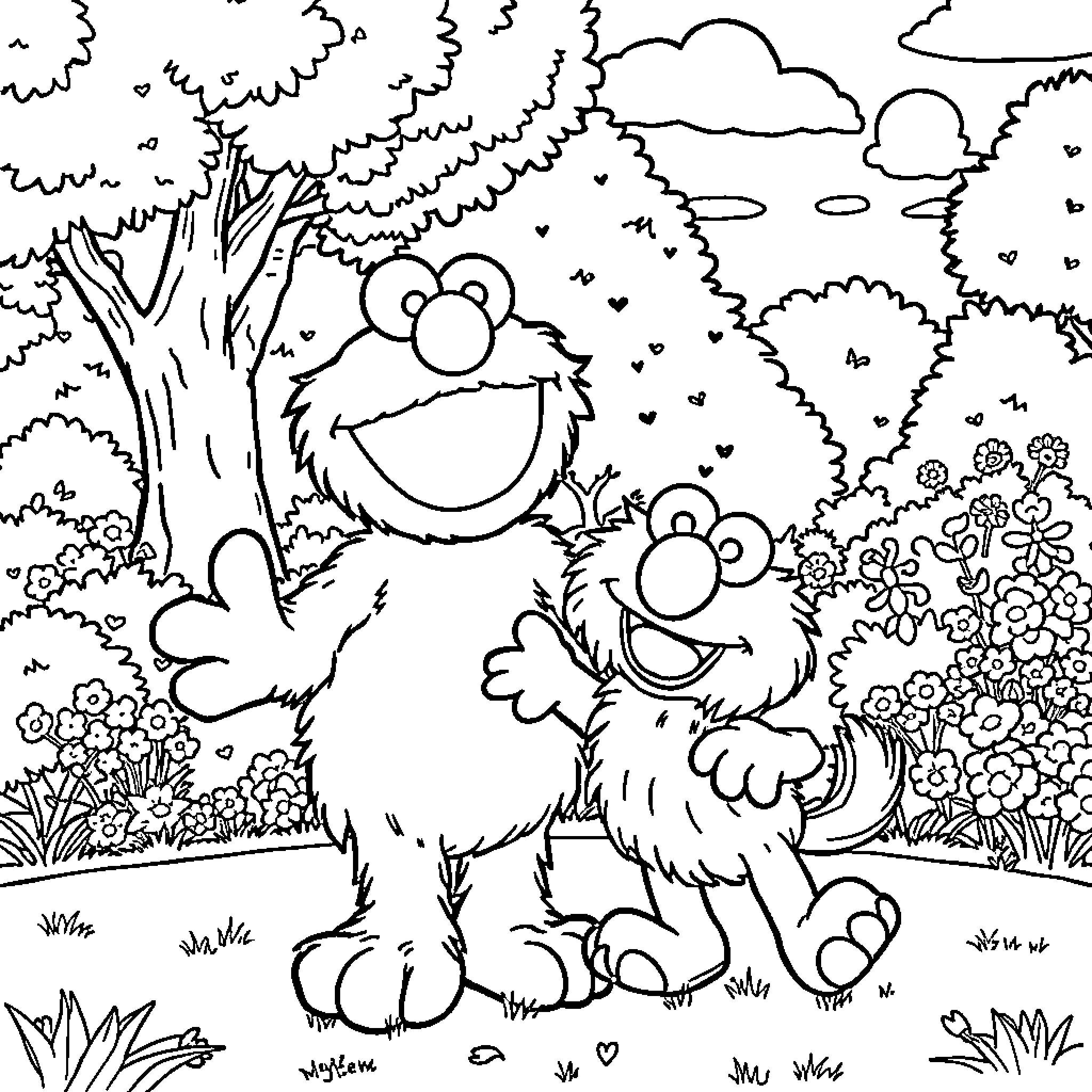 Elmo and his furry friend explore the enchanted forest Coloring Page (free black-and-white line drawing printable PDF for all, from beginners to advanced learners, including children, teens, adults, and seniors)
