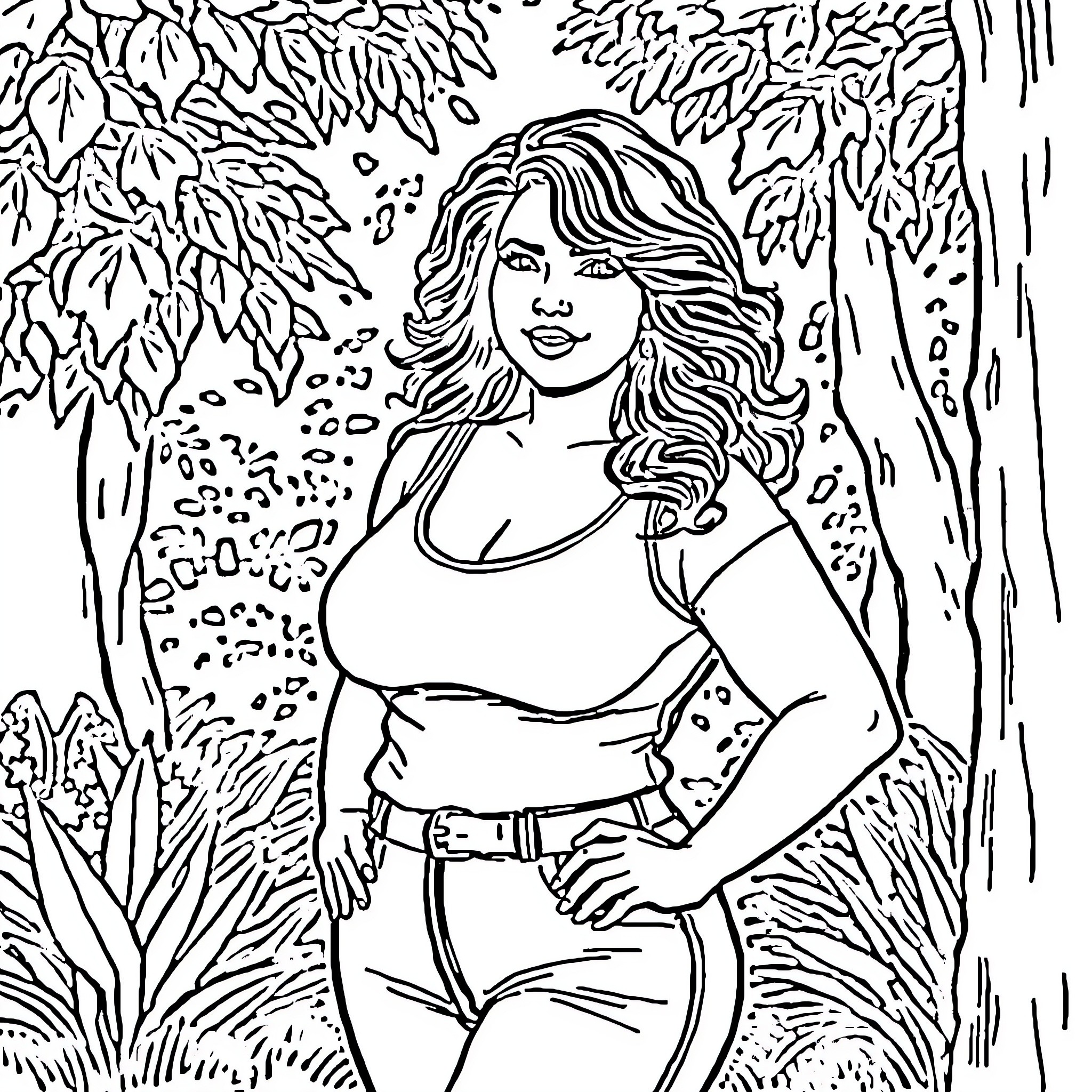 Woman posing confidently in nature Coloring Page (free black-and-white line drawing printable PDF for all, from beginners to advanced learners, including children, teens, adults, and seniors)