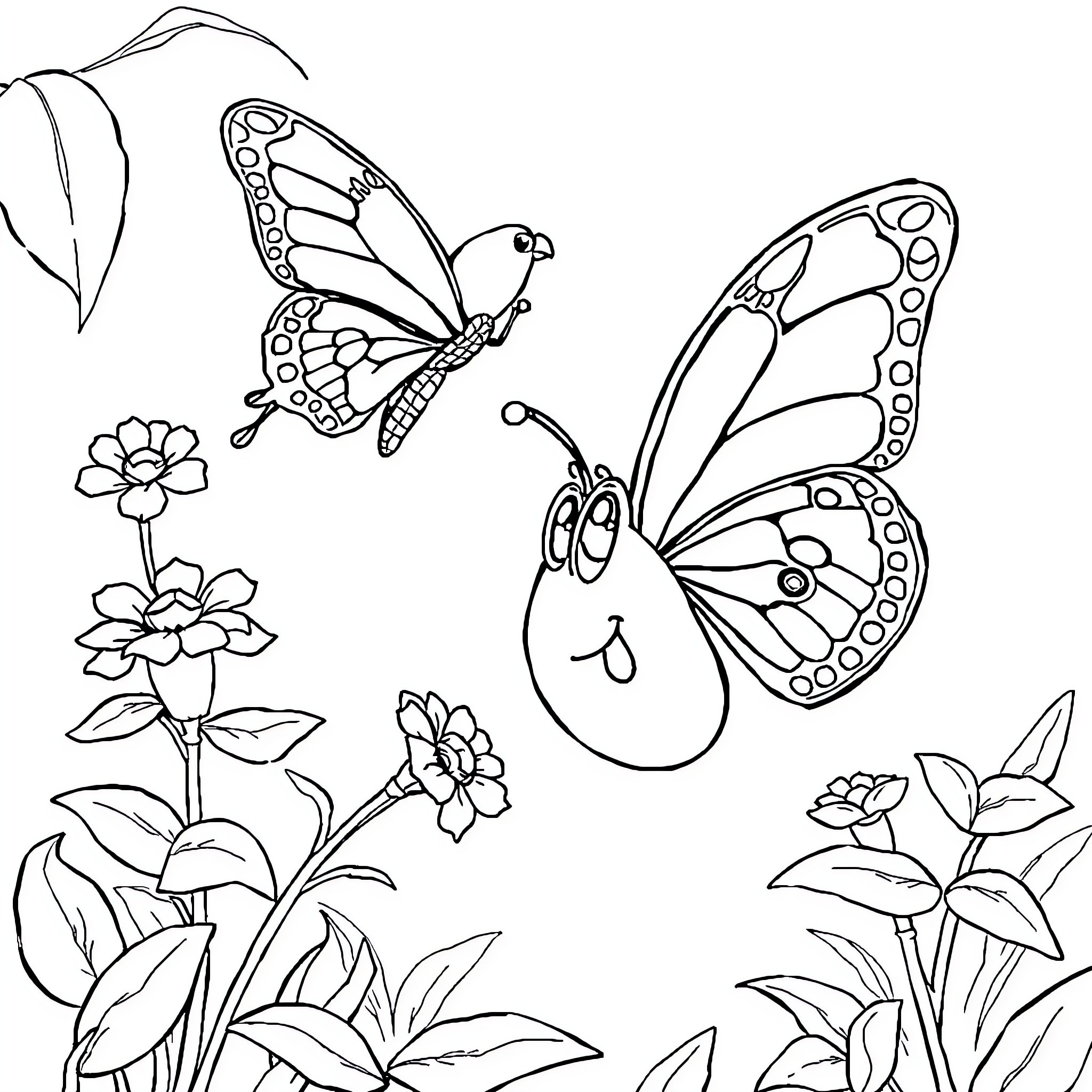 Bob esponja interacting with butterflies in nature Coloring Page (free black-and-white line drawing printable PDF for all, from beginners to advanced learners, including children, teens, adults, and seniors)