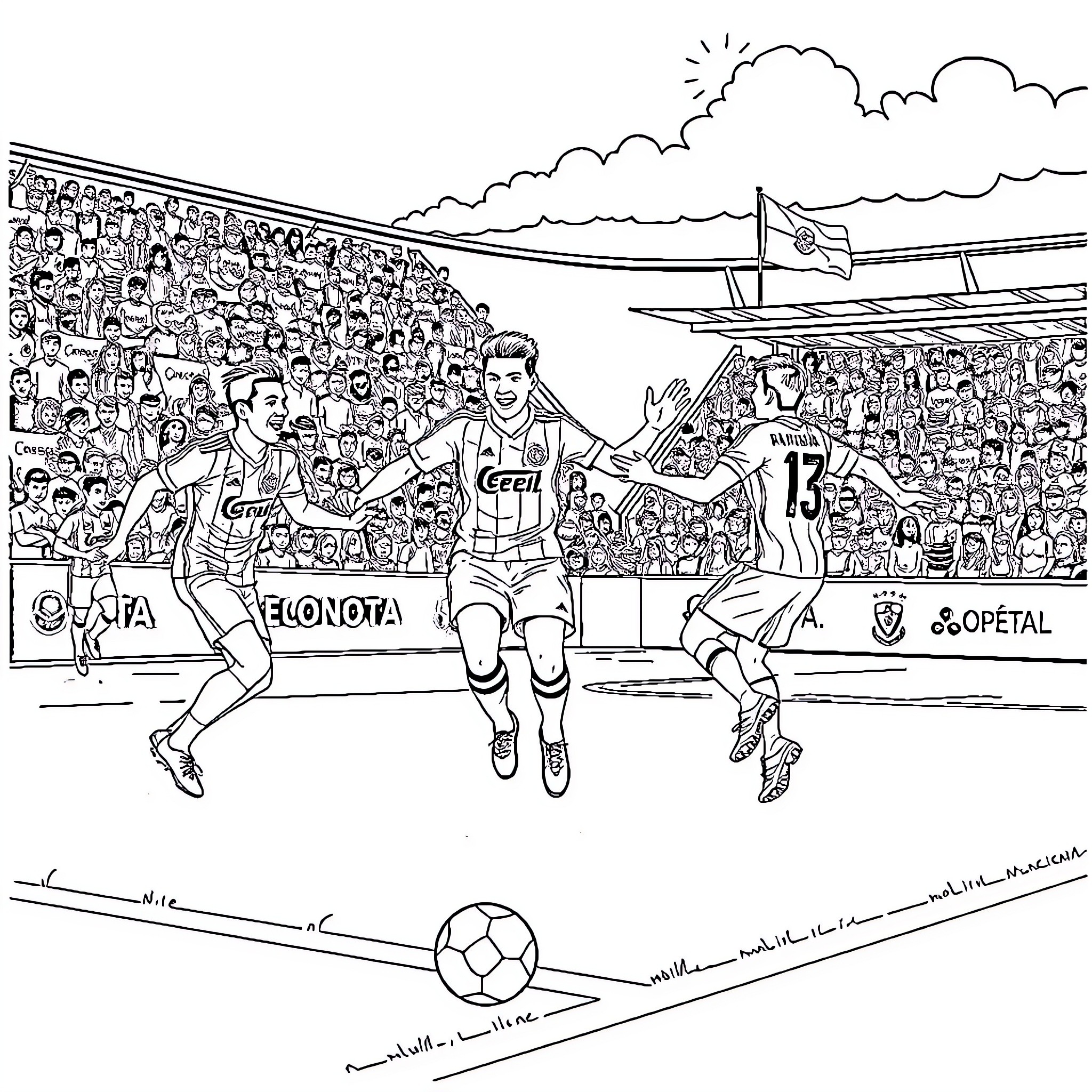 Millonarios FC players competing in an intense soccer match Coloring Page (free black-and-white line drawing printable PDF for all, from beginners to advanced learners, including children, teens, adults, and seniors)