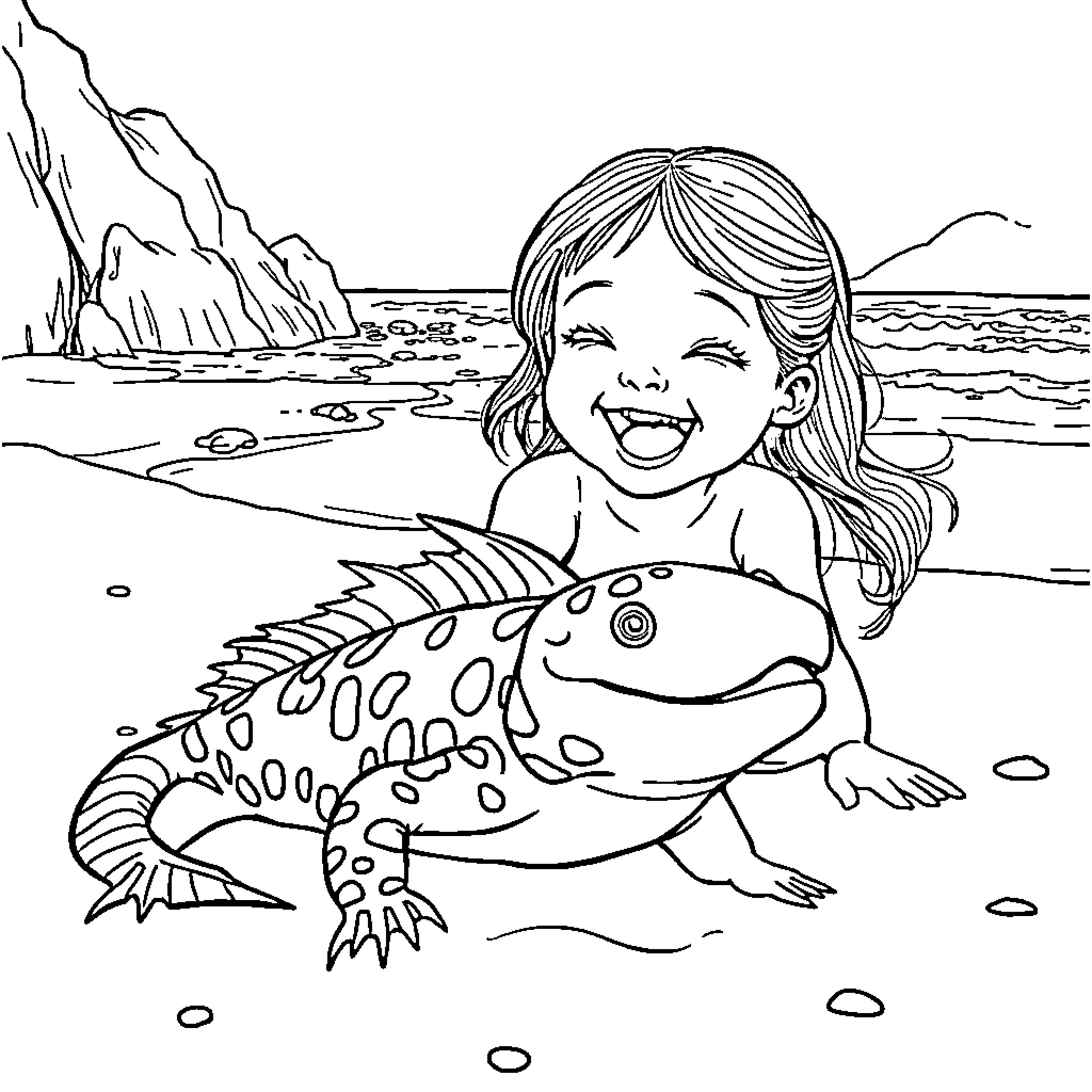 Girl delightfully interacting with a sea creature on the beach Coloring Page (free black-and-white line drawing printable PDF for all, from beginners to advanced learners, including children, teens, adults, and seniors)