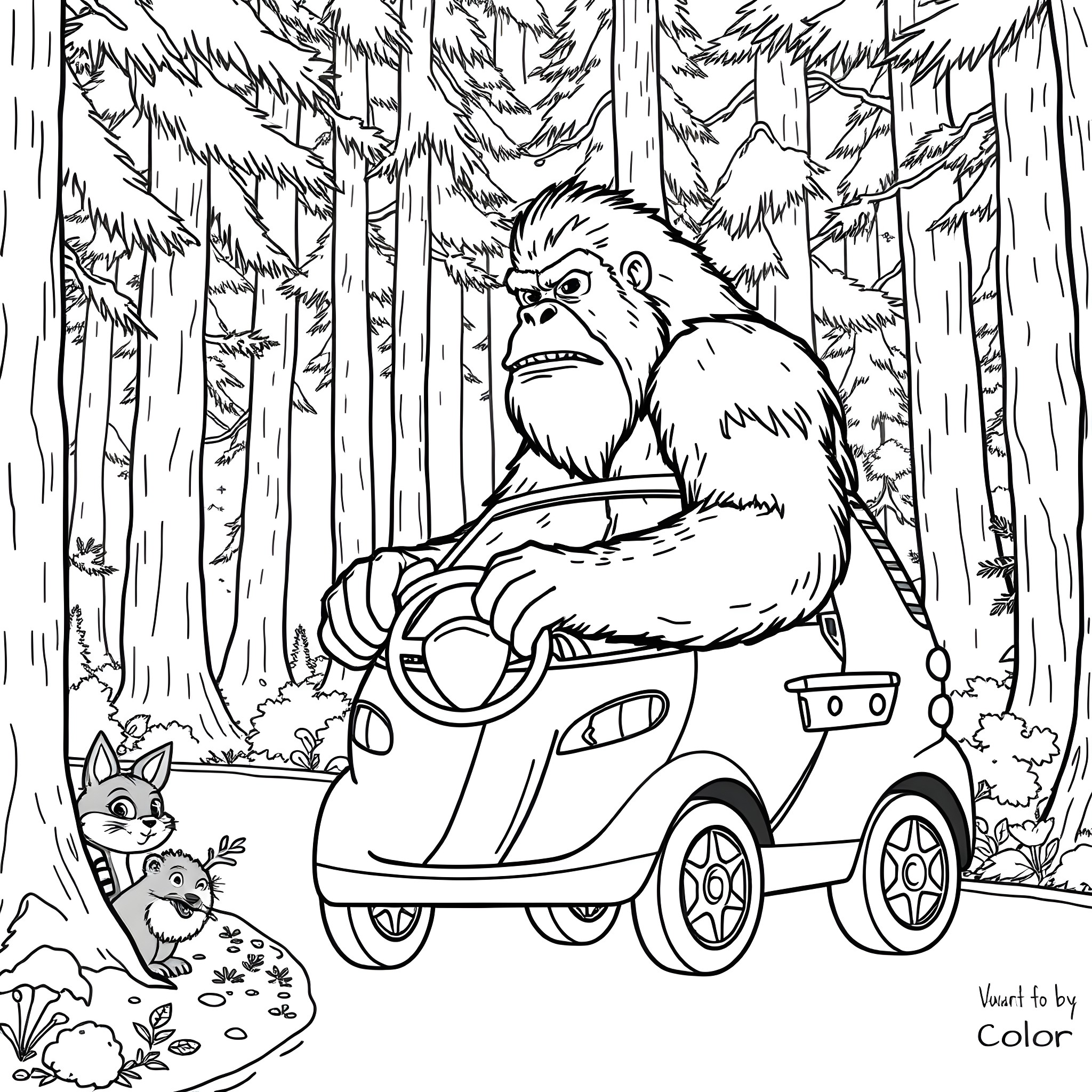 Bigfoot driving a car with woodland creatures in the forest Coloring Page (free black-and-white line drawing printable PDF for all, from beginners to advanced learners, including children, teens, adults, and seniors)
