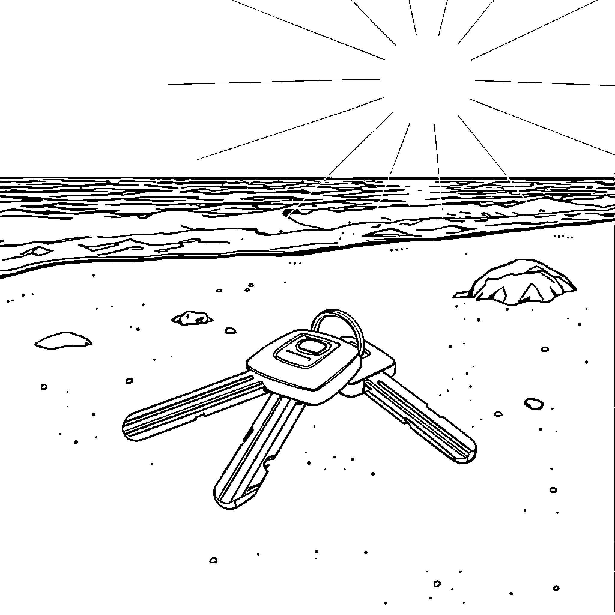 Car keys lost on the beach under the sun Coloring Page (free black-and-white line drawing printable PDF for all, from beginners to advanced learners, including children, teens, adults, and seniors)