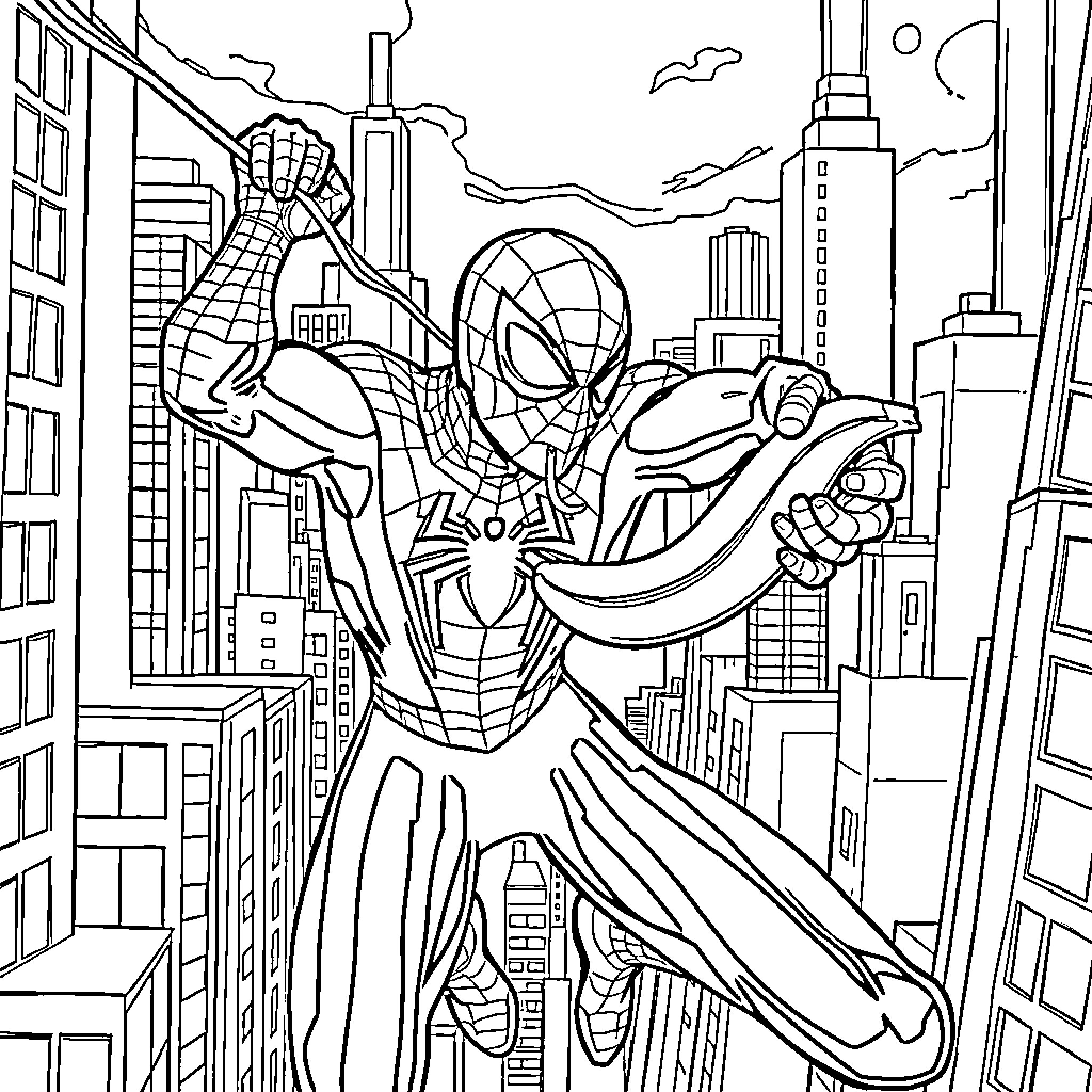 Spiderman swinging through the city skyline Coloring Page (free black-and-white line drawing printable PDF for all, from beginners to advanced learners, including children, teens, adults, and seniors)