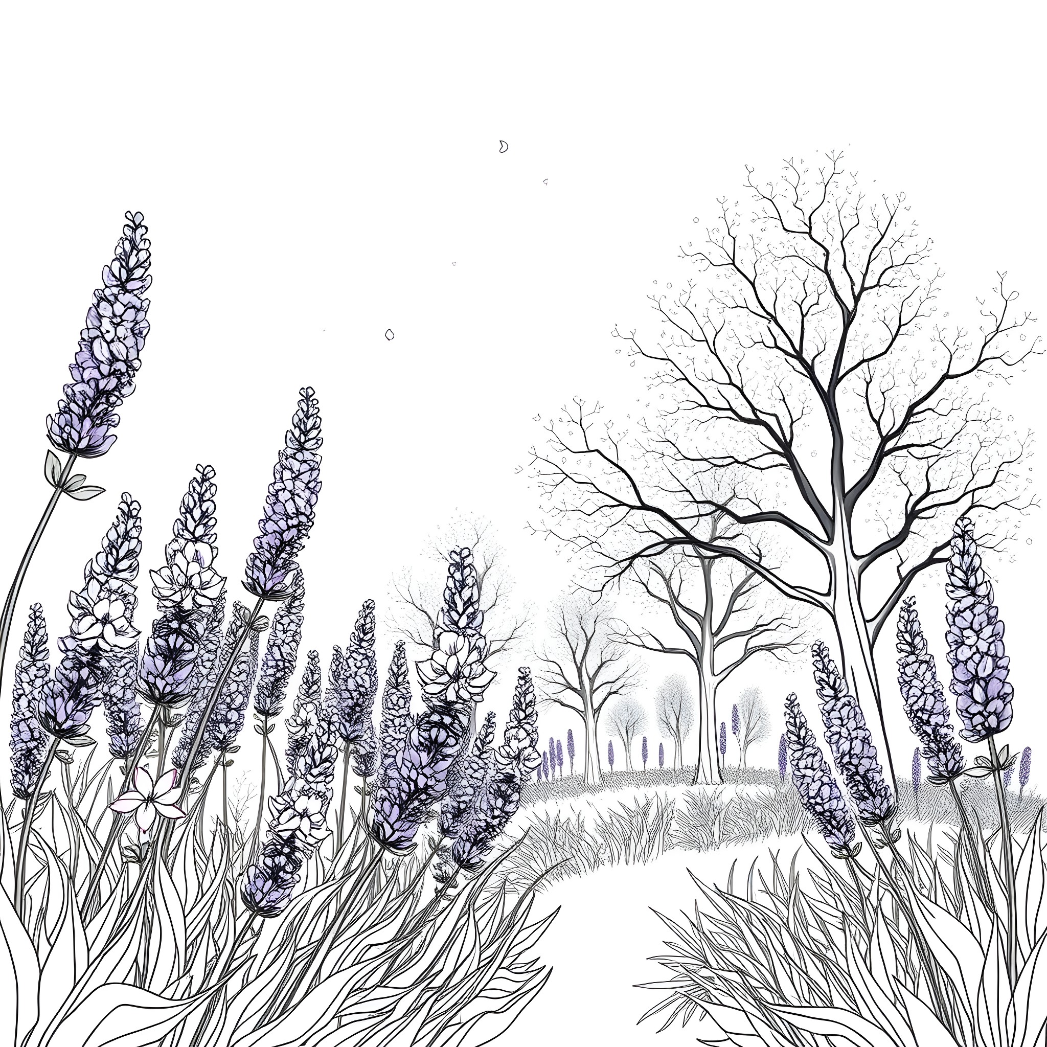 Flower field with bare trees in the distance Coloring Page (free black-and-white line drawing printable PDF for all, from beginners to advanced learners, including children, teens, adults, and seniors)
