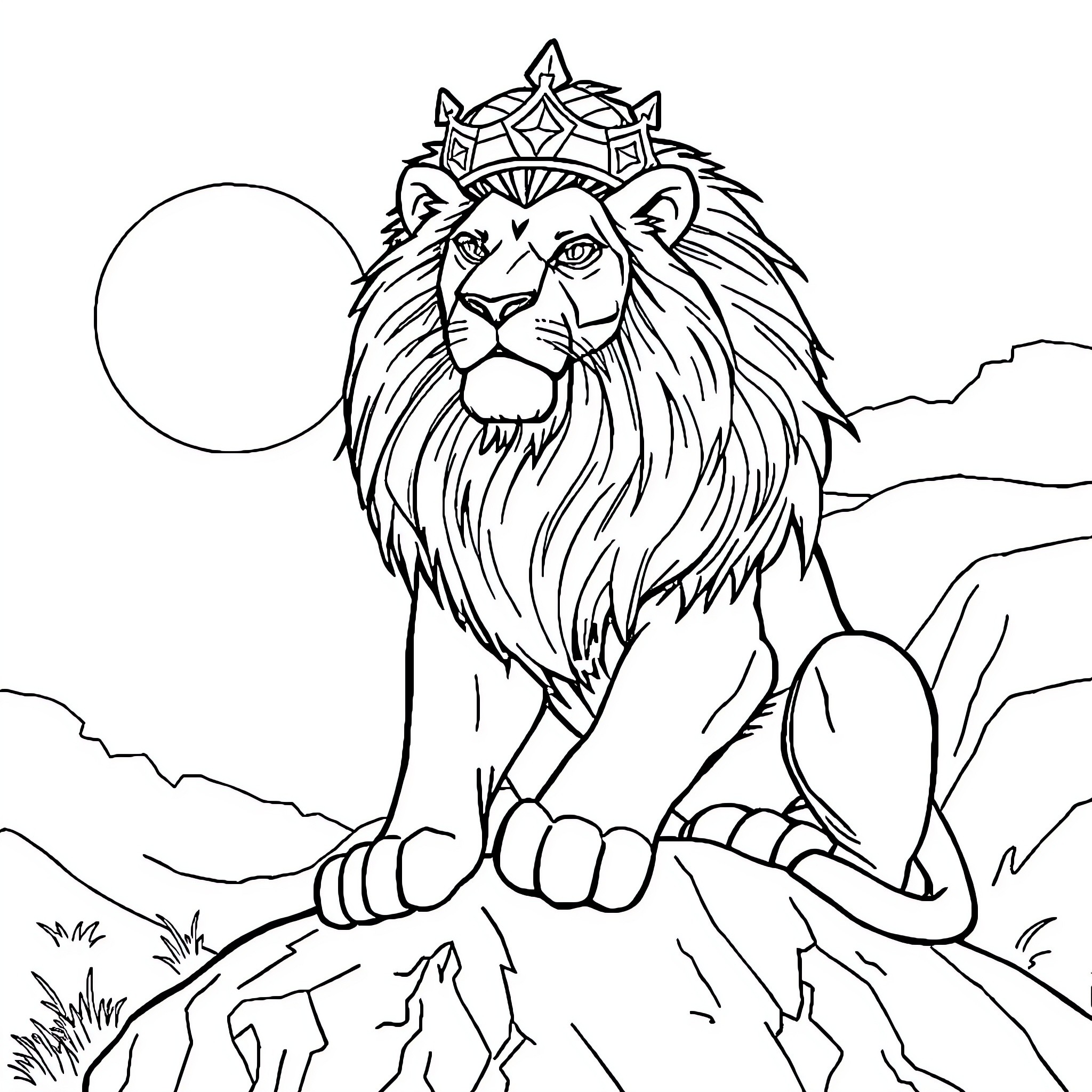 Lion King on a rocky mountain with a crown Coloring Page (free black-and-white line drawing printable PDF for all, from beginners to advanced learners, including children, teens, adults, and seniors)